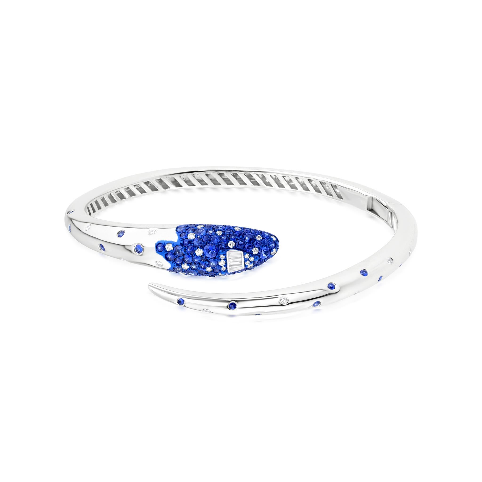 Brilliant Cut Nigaam 1.92Cttw. Sapphire and Diamond Serpentine Cuff Bracelet in 18K White Gold For Sale
