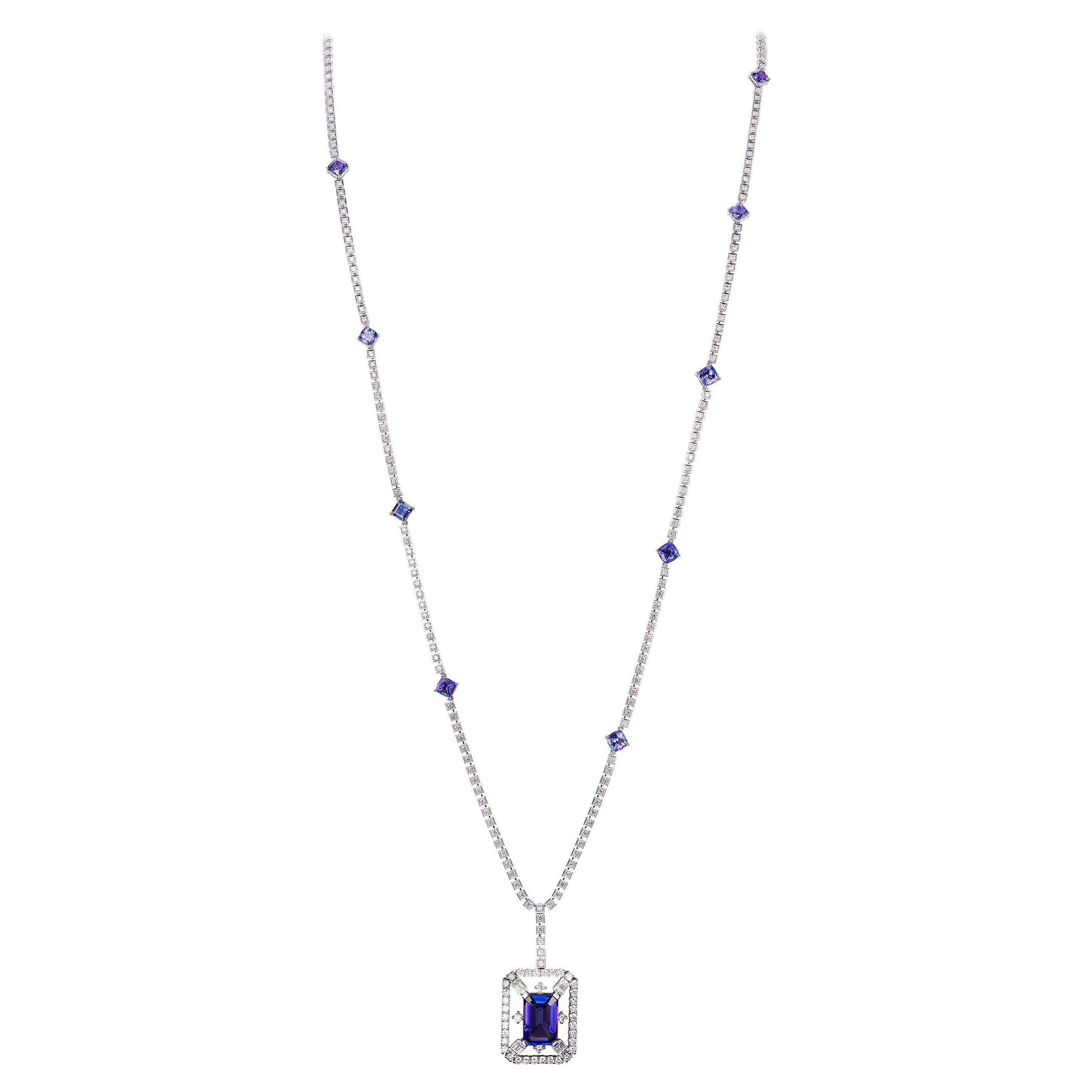 Nigaam 20 Cts Tanzanite and 7.5 Cts. Diamond Pendant Necklace in 18k White Gold