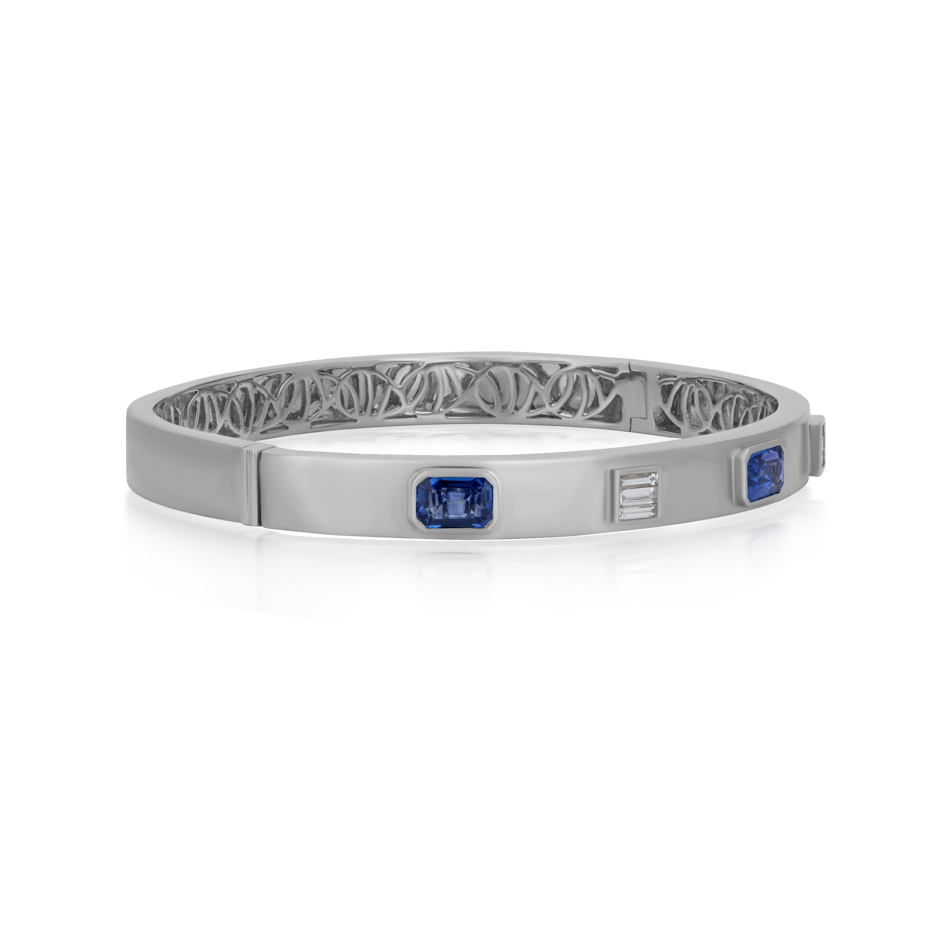 Contemporary Nigaam 2.06cttw Blue Sapphire and Diamond Bangle Bracelet in 18k White Gold For Sale