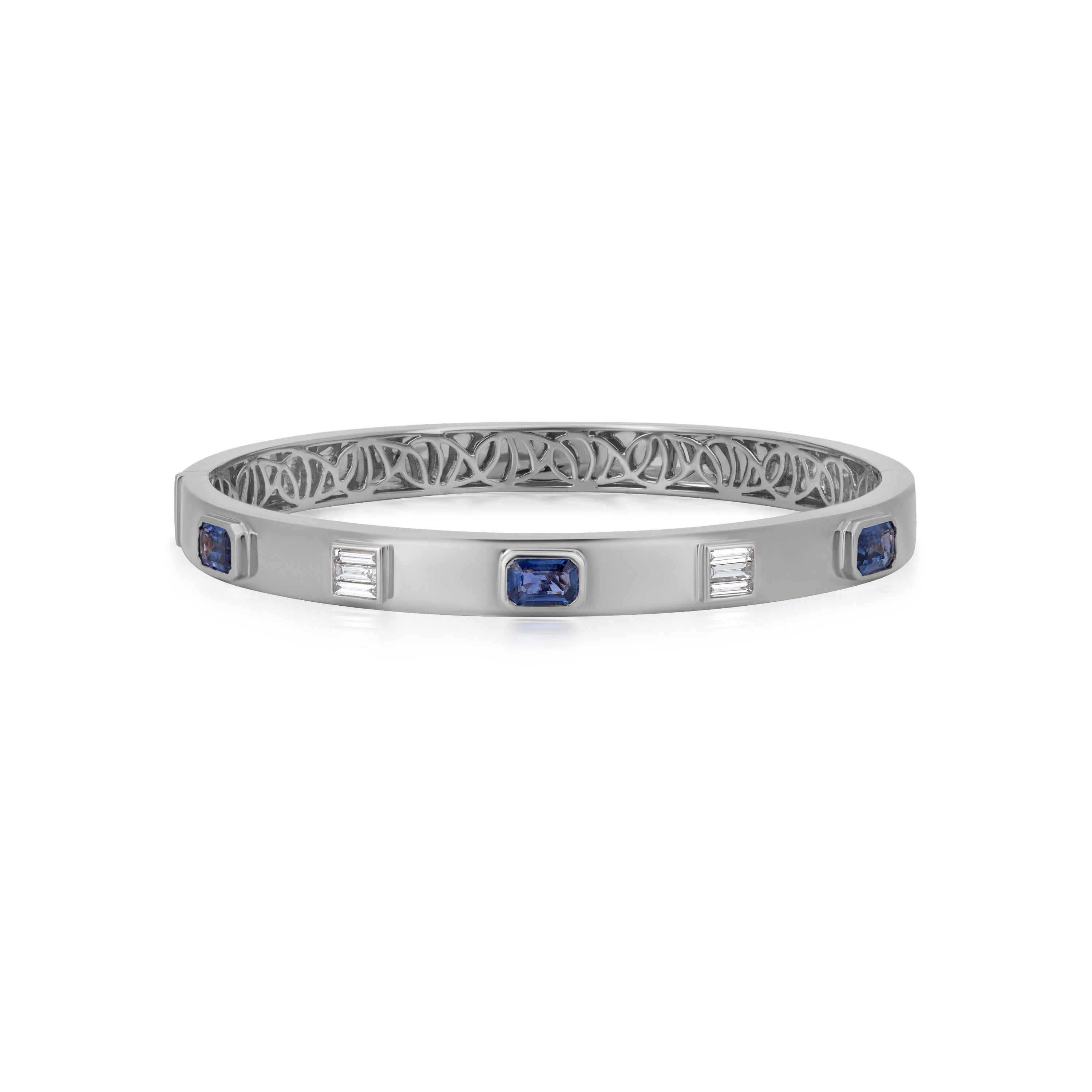 Octagon Cut Nigaam 2.06cttw Blue Sapphire and Diamond Bangle Bracelet in 18k White Gold For Sale