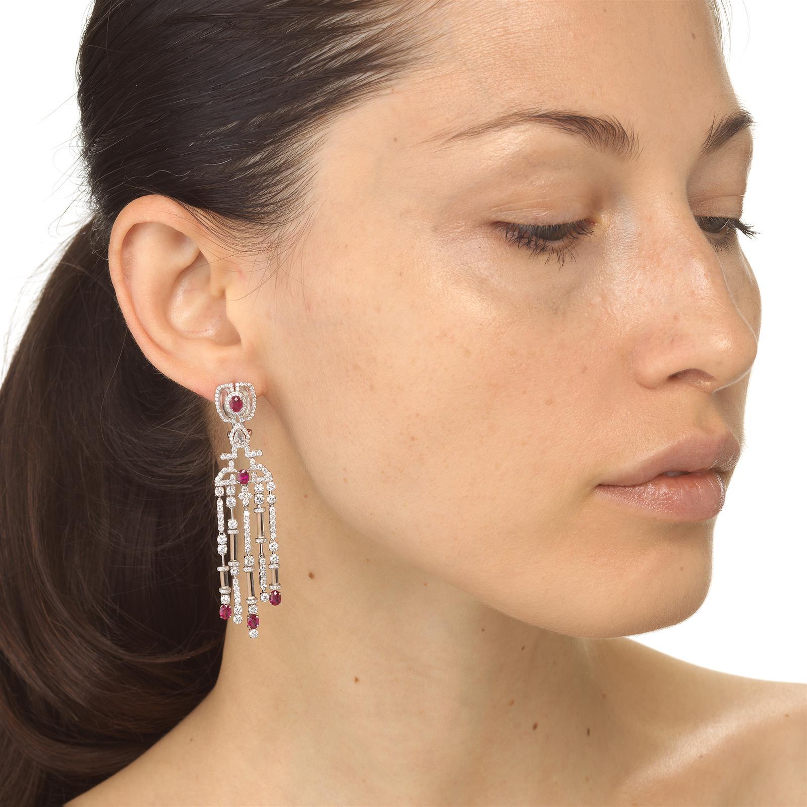 Contemporary Nigaam 2.4 Ct Oval Ruby and 4.85 Ct Diamond Chandelier Earrings in 18k Gold