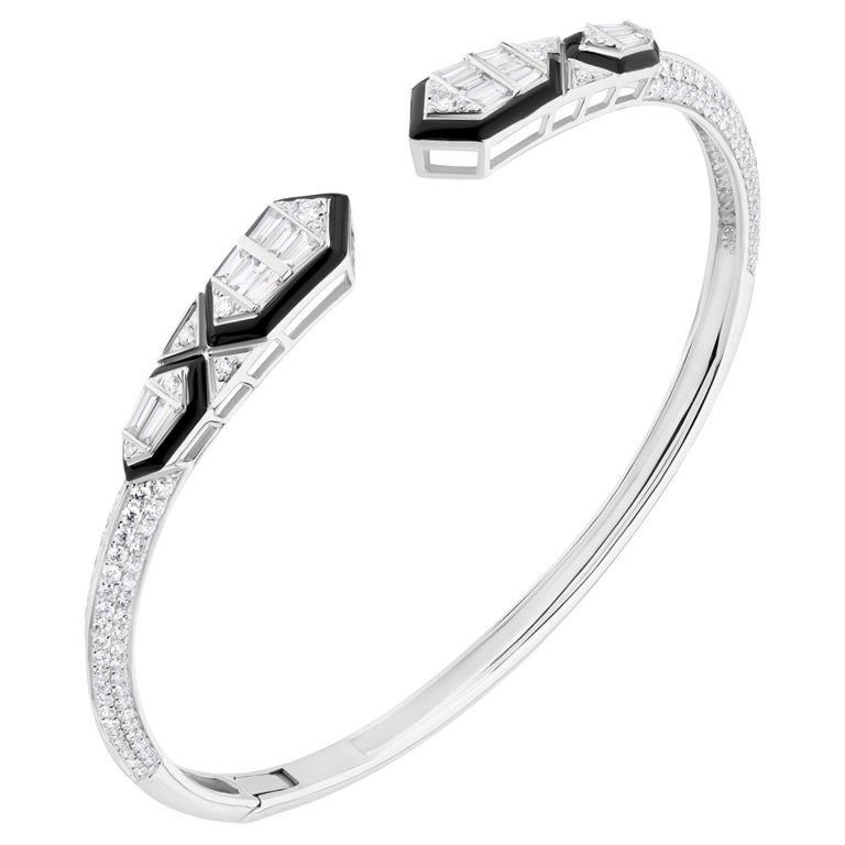 Nigaam 2.58 Diamond Cuff Bangle Bracelet in 18k White Gold with Enamel For Sale at 1stDibs