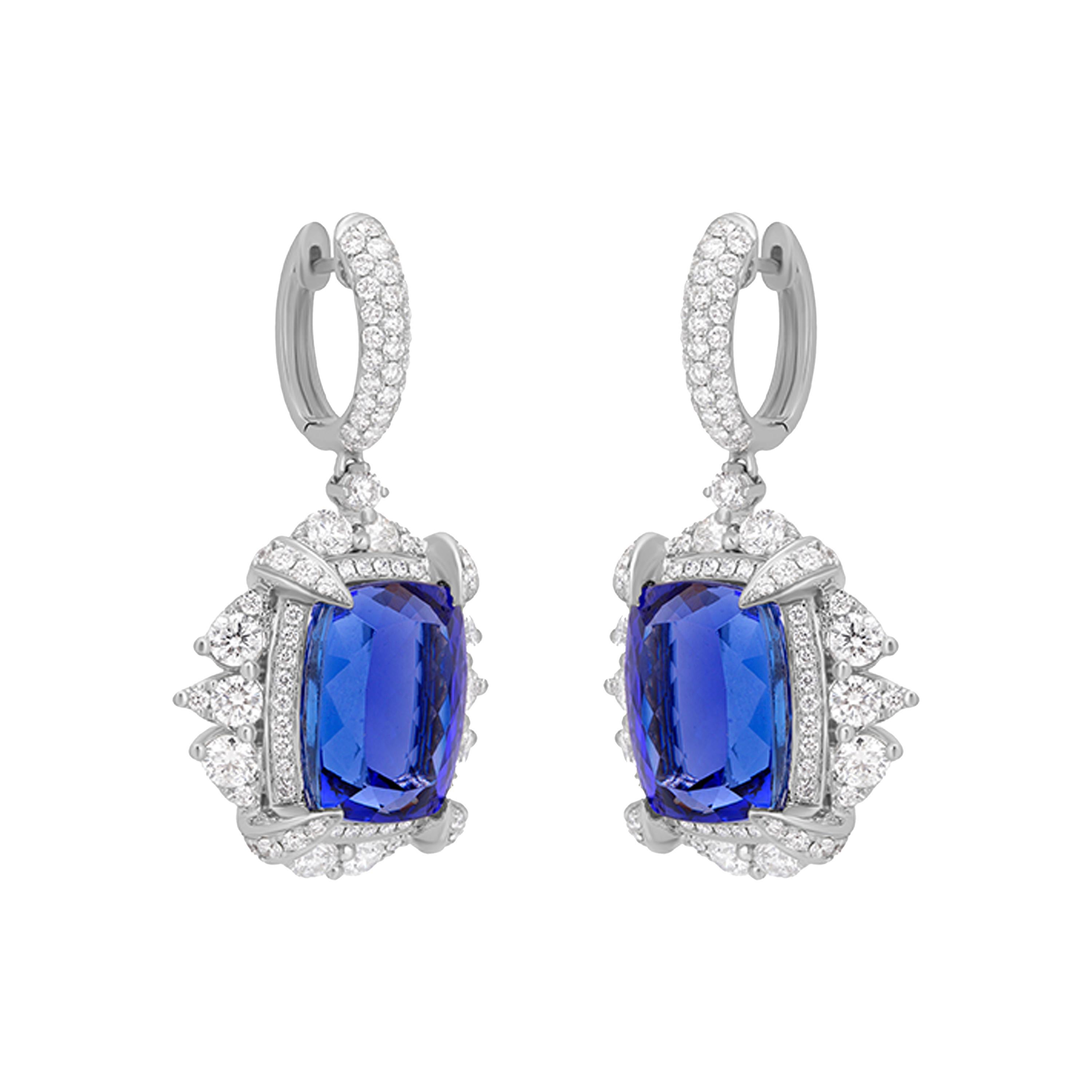 Contemporary Nigaam 30.93 Ct. T.W. Tanzanite and Diamond Dangle Earrings in 18K White Gold