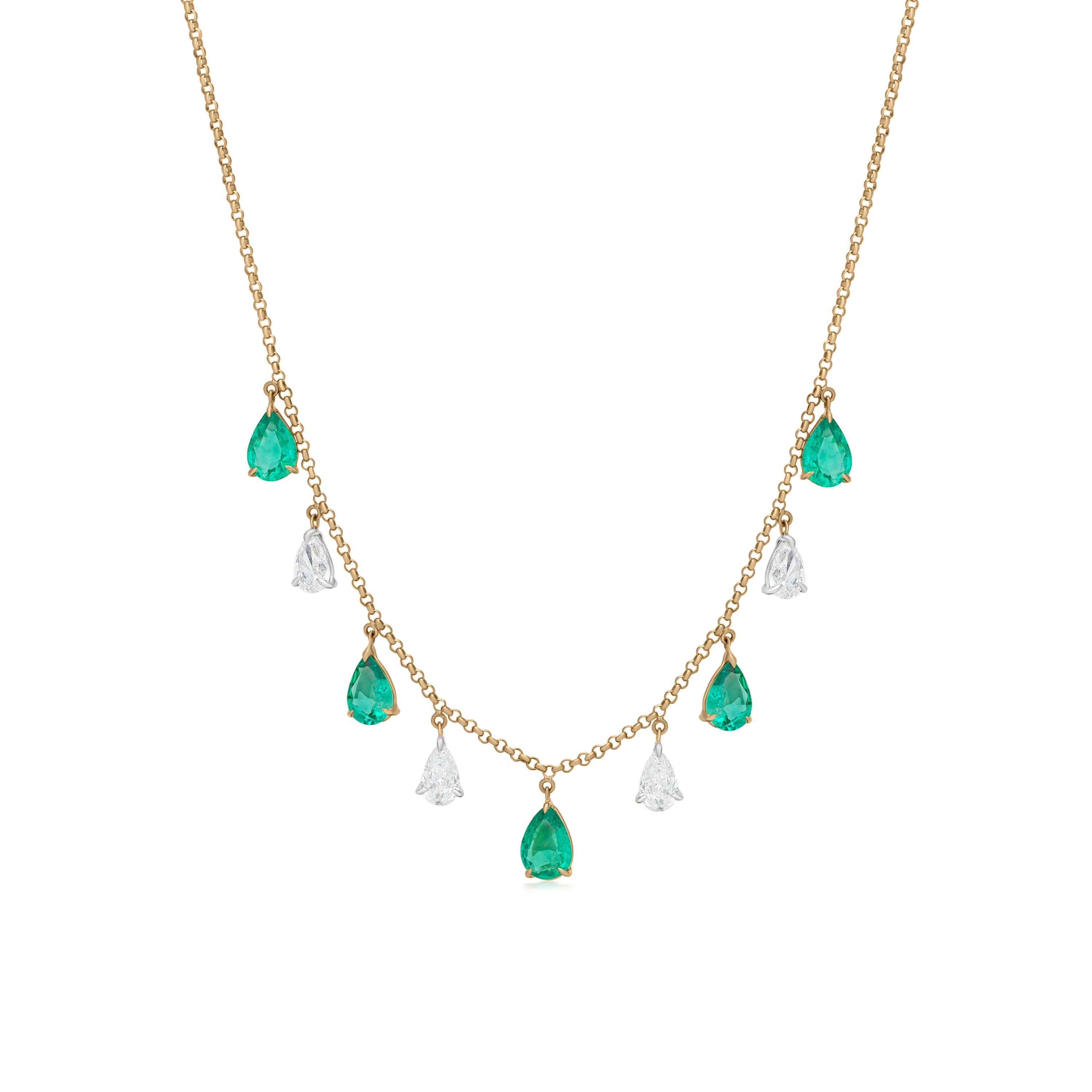 Pear Cut Nigaam 3.51cttw Pear-Shaped Emerald & Diamond Drop Necklace in 18k Yellow Gold