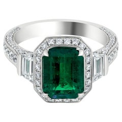 GRS 2.23 ct. Octagonal Colombian Emerald and Diamond Engagement Ring in 18k Gold