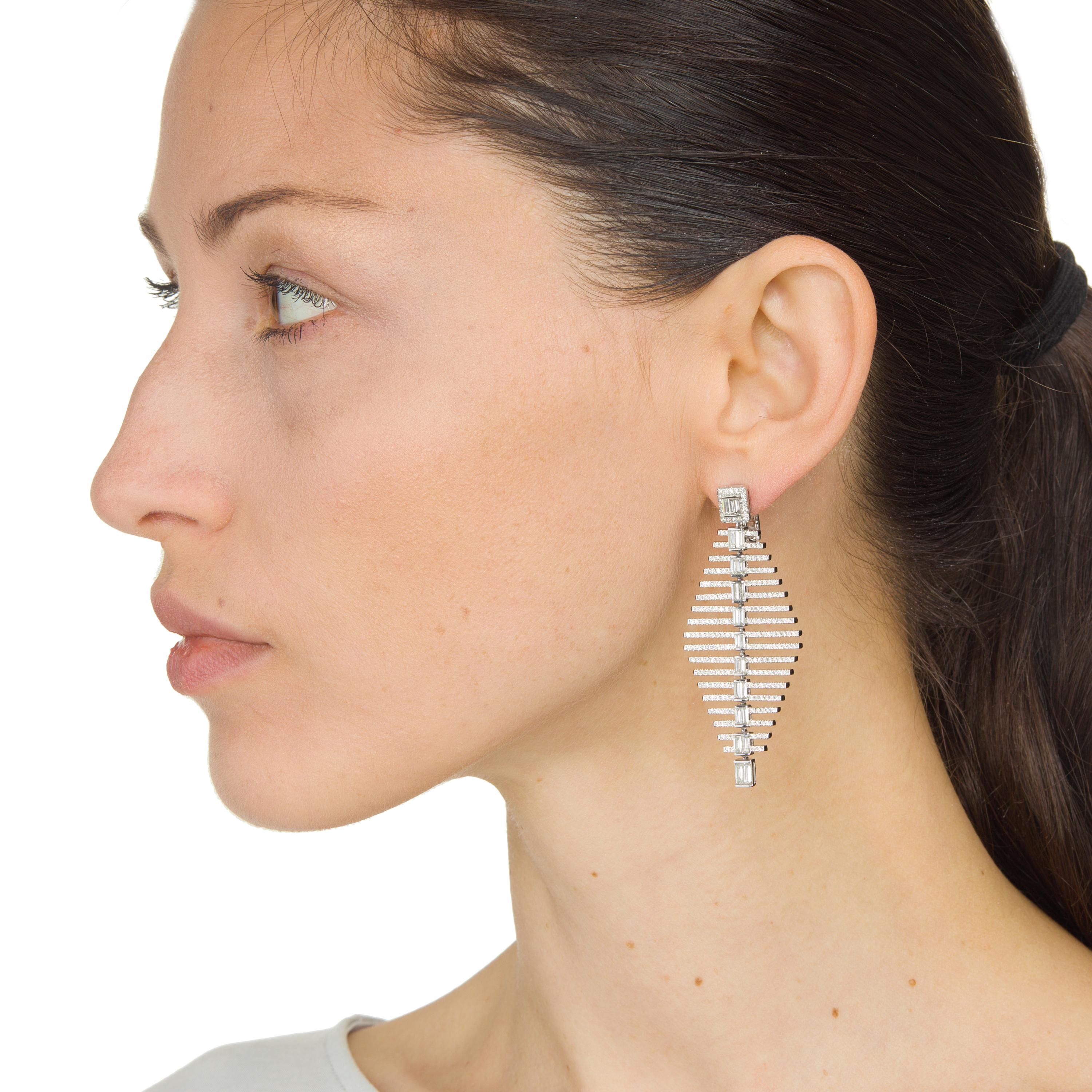 Baguette Cut Nigaam 4.32cttw Fern Diamond Drop Earrings in 18k White Gold For Sale