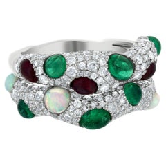 Nigaam 4.34ct T.W Round Diamond, Emerald, Ruby and Ethiopian Opal Stack Ring