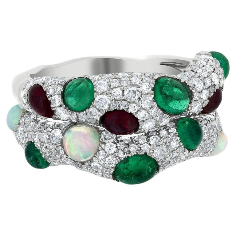 Nigaam 4.34ct T.W Round Diamond, Emerald, Ruby and Ethiopian Opal Stack ...