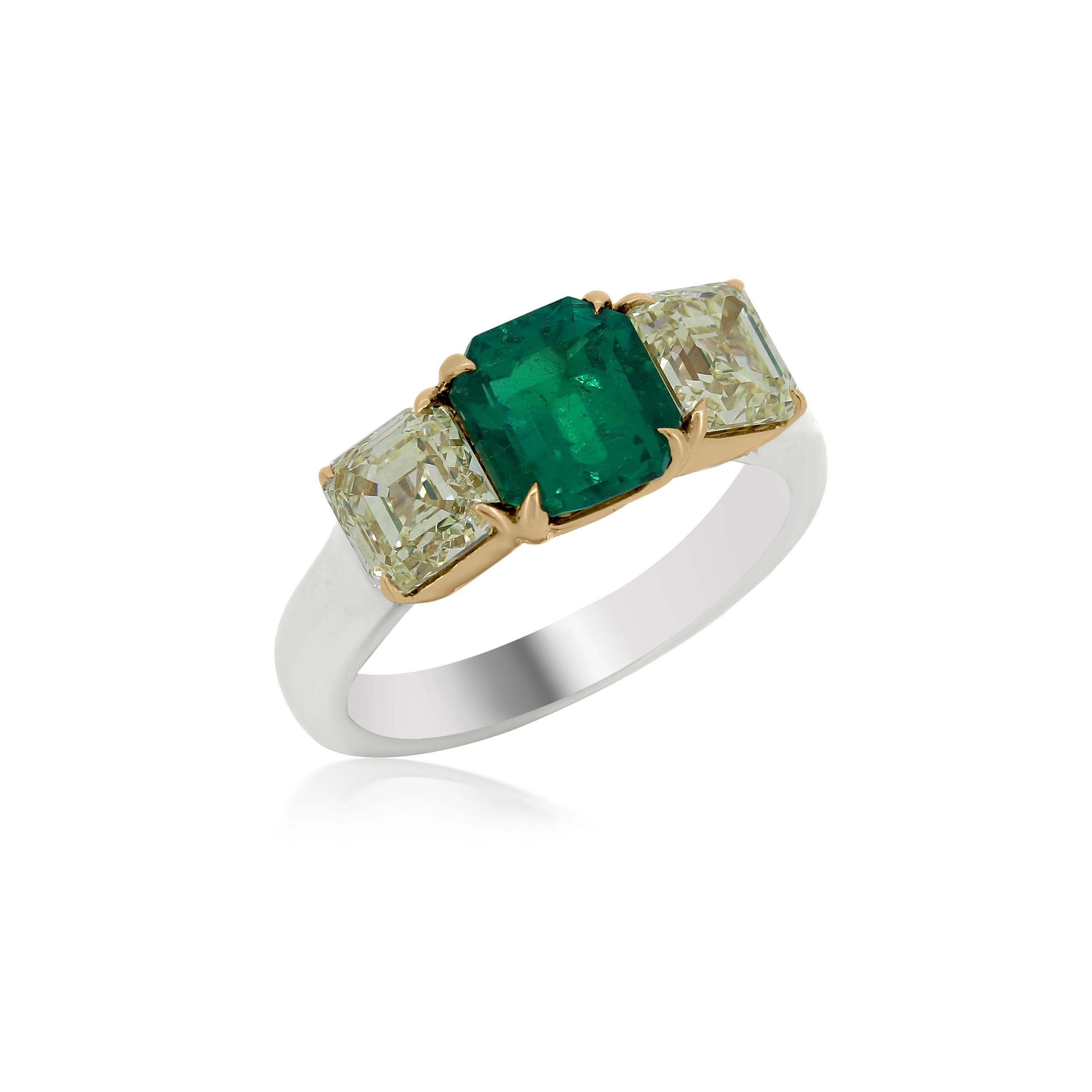 Contemporary Nigaam 4.34 Cttw. Emerald and Yellow Diamond Three Stone Ring in 18k Gold