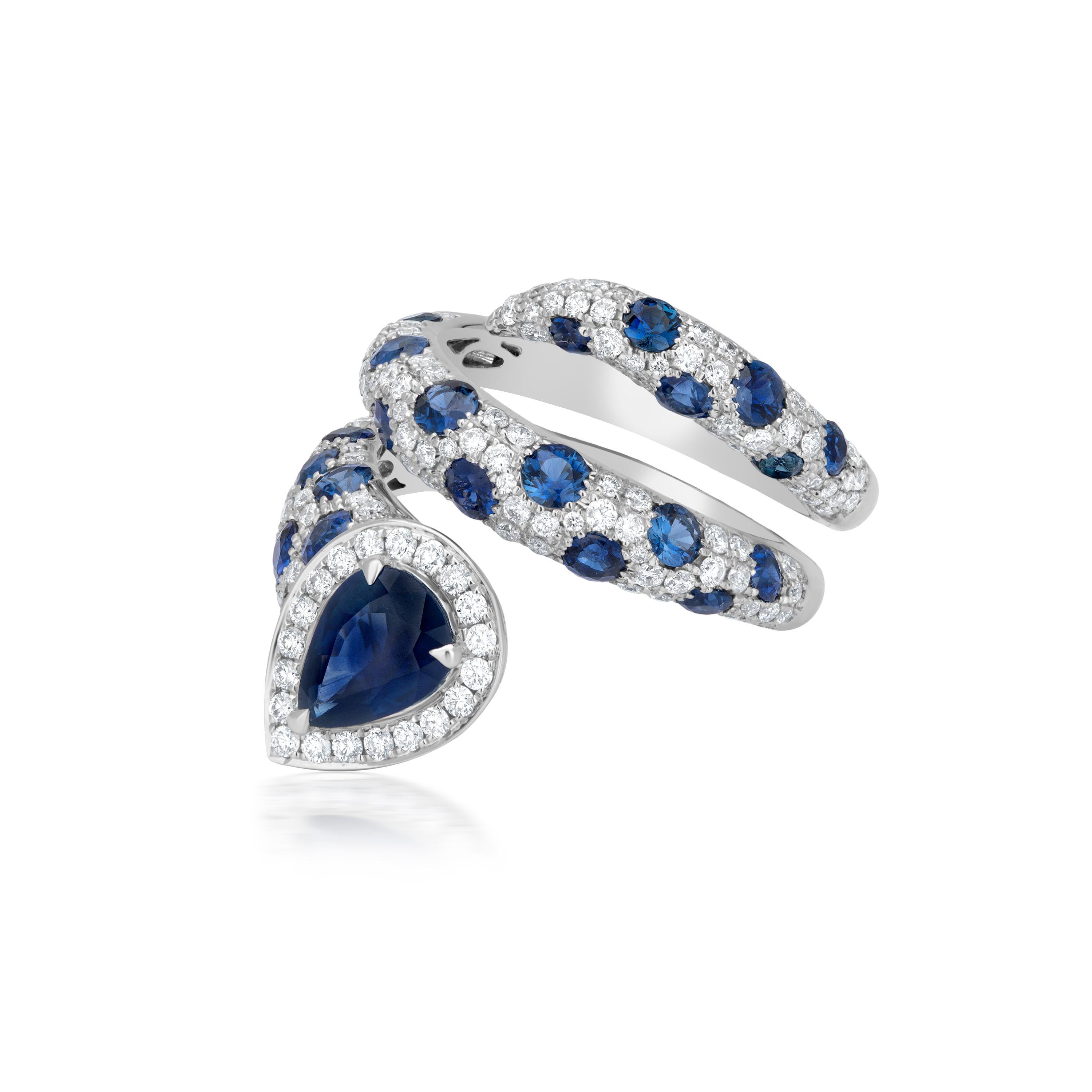 Contemporary Nigaam 4.49 Cttw. Diamond and Blue Sapphire Swirl Ring in 18K White Gold For Sale