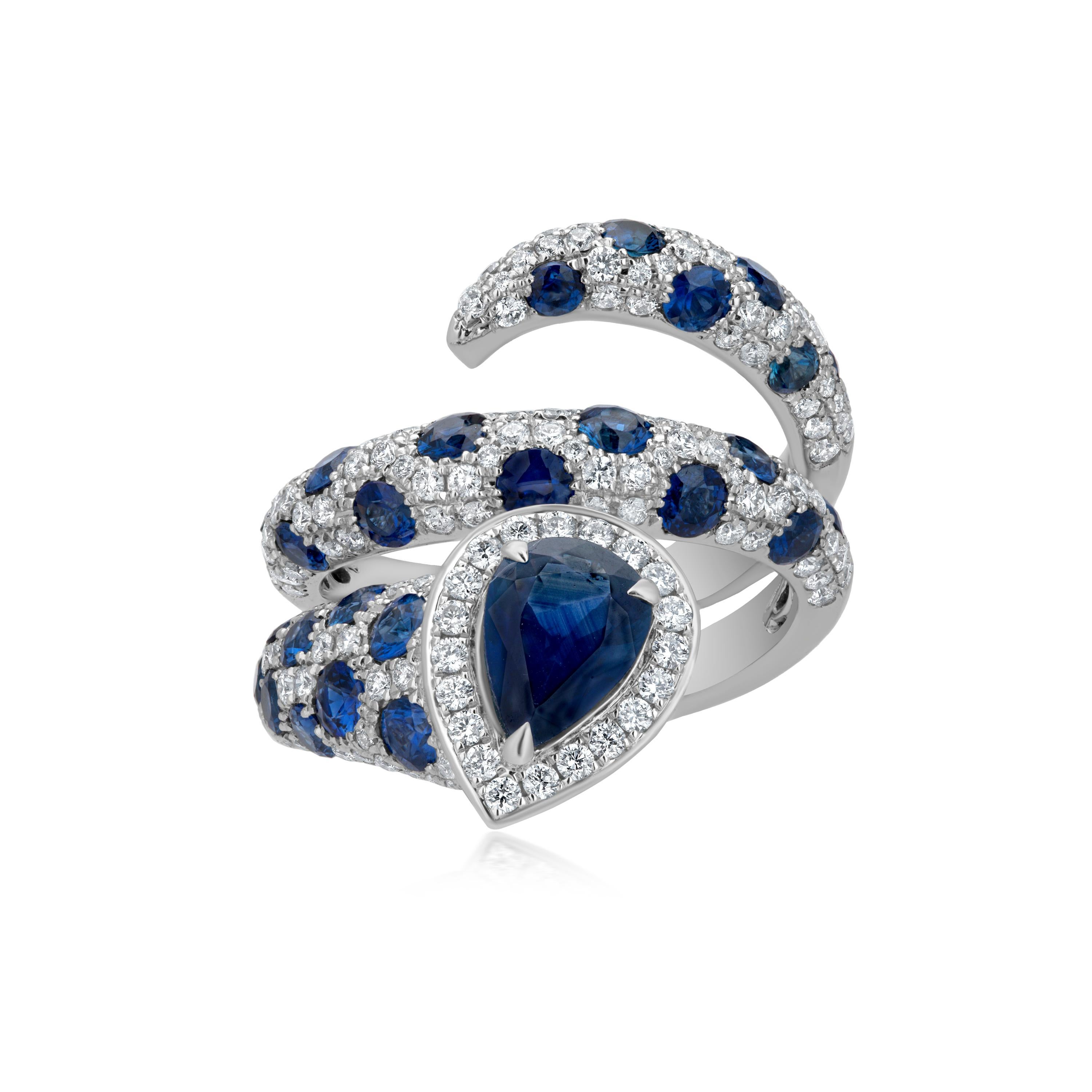 Pear Cut Nigaam 4.49 Cttw. Diamond and Blue Sapphire Swirl Ring in 18K White Gold For Sale
