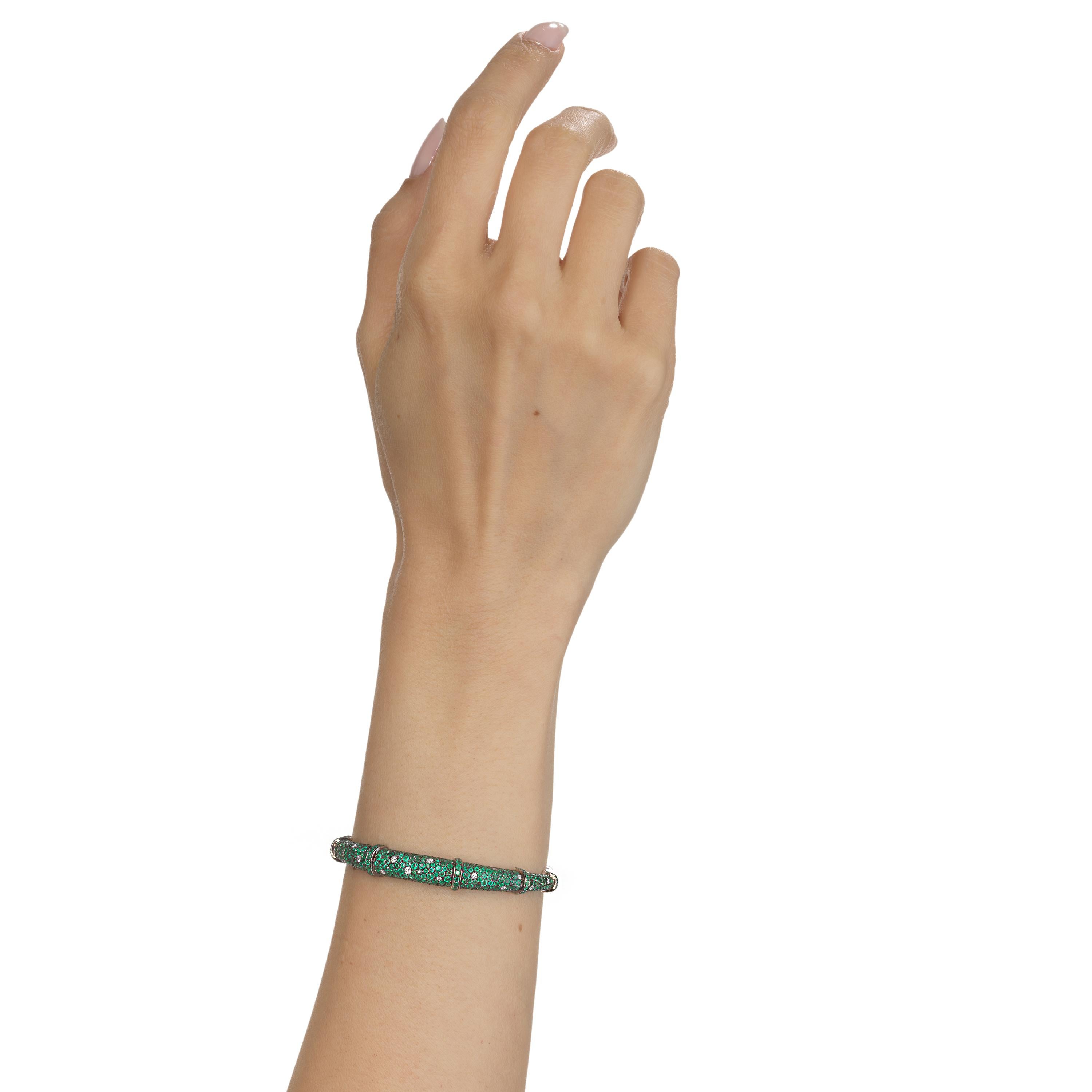 Contemporary Nigaam 4.89 Cts. Emerald and 0.24 Cts. Diamond Bangle in 18k White Gold
