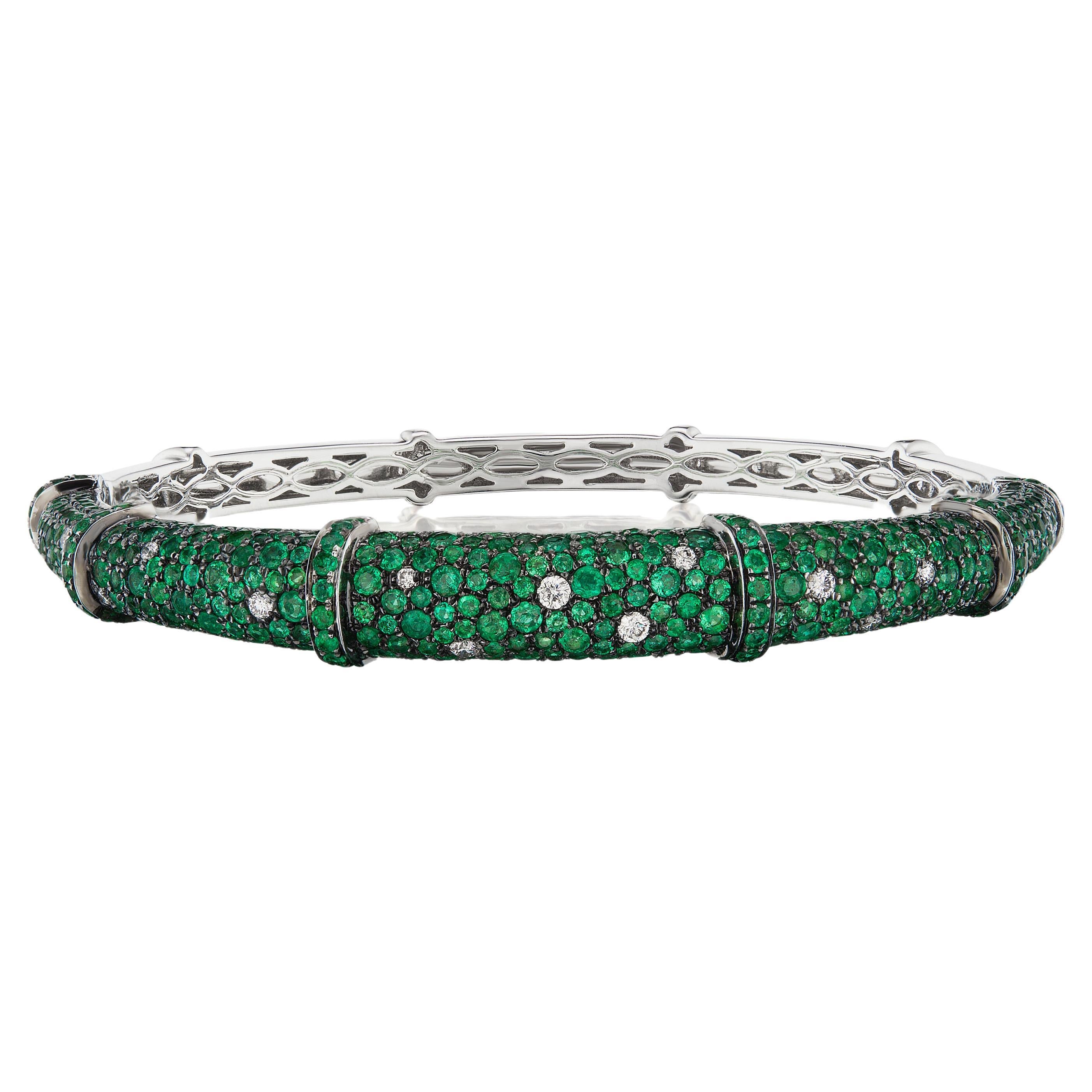 Nigaam 4.89 Cts. Emerald and 0.24 Cts. Diamond Bangle in 18k White Gold