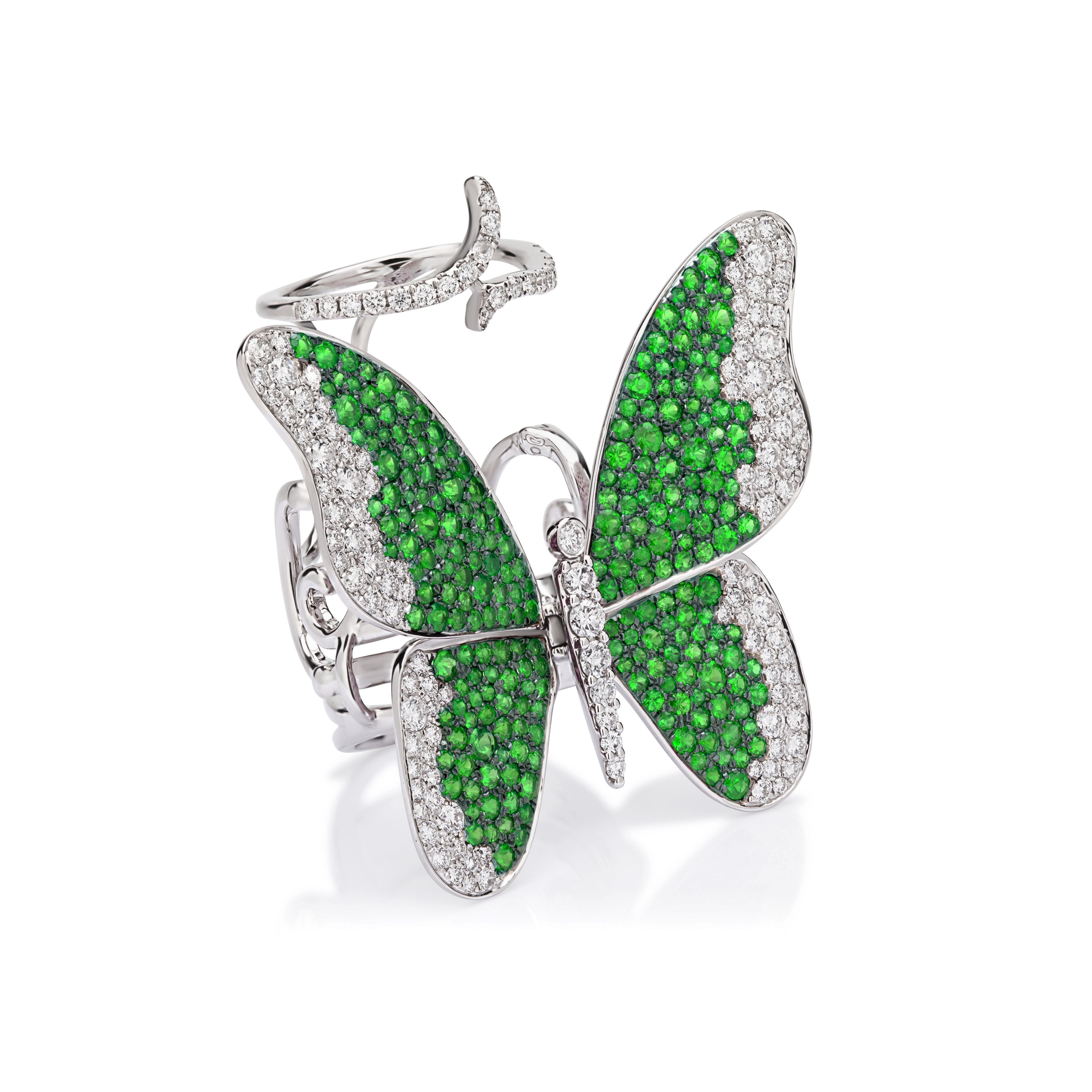 Contemporary Nigaam 5.68 Cttw. Tsavorite and Diamond Butterfly Ring in 18K White Gold