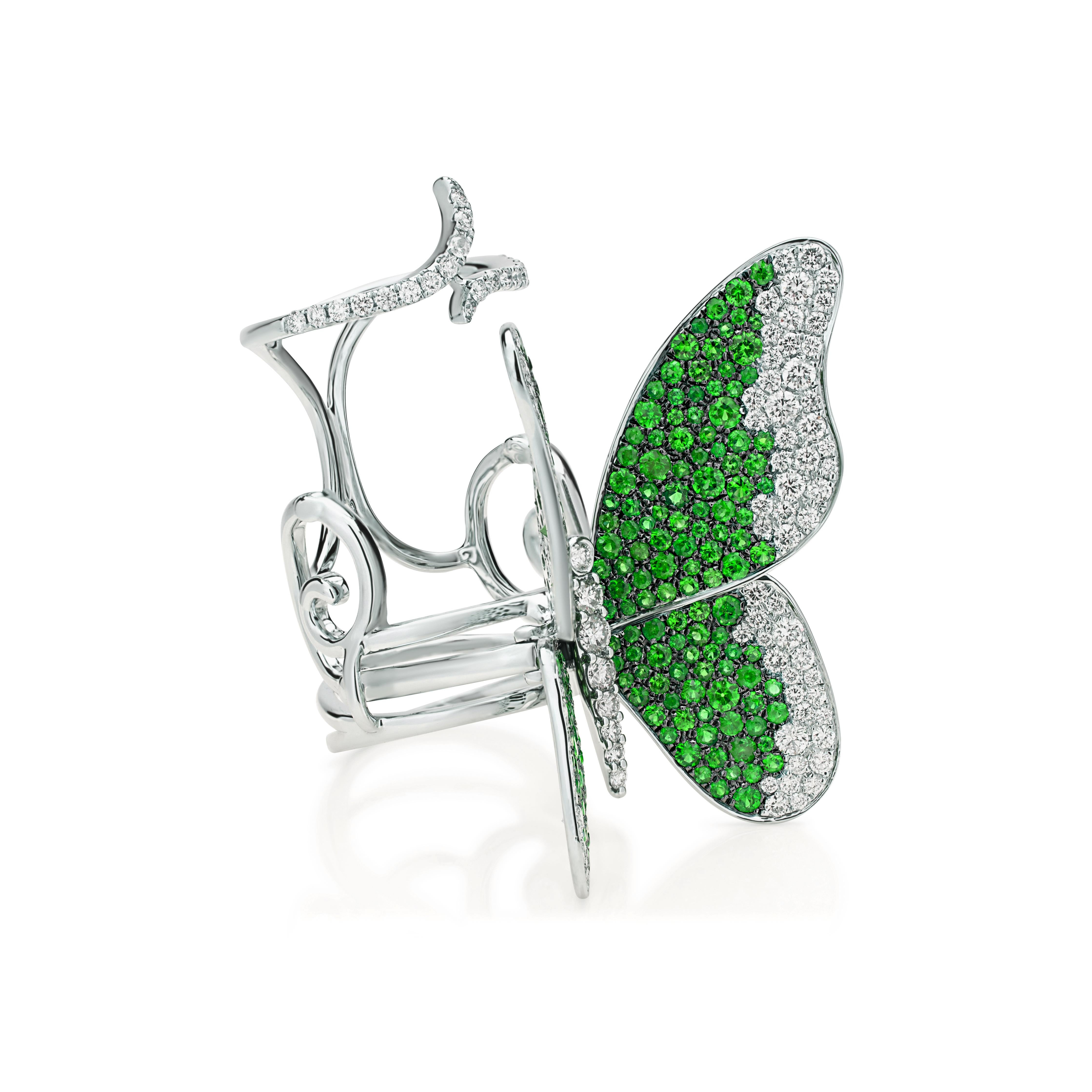 Round Cut Nigaam 5.68 Cttw. Tsavorite and Diamond Butterfly Ring in 18K White Gold
