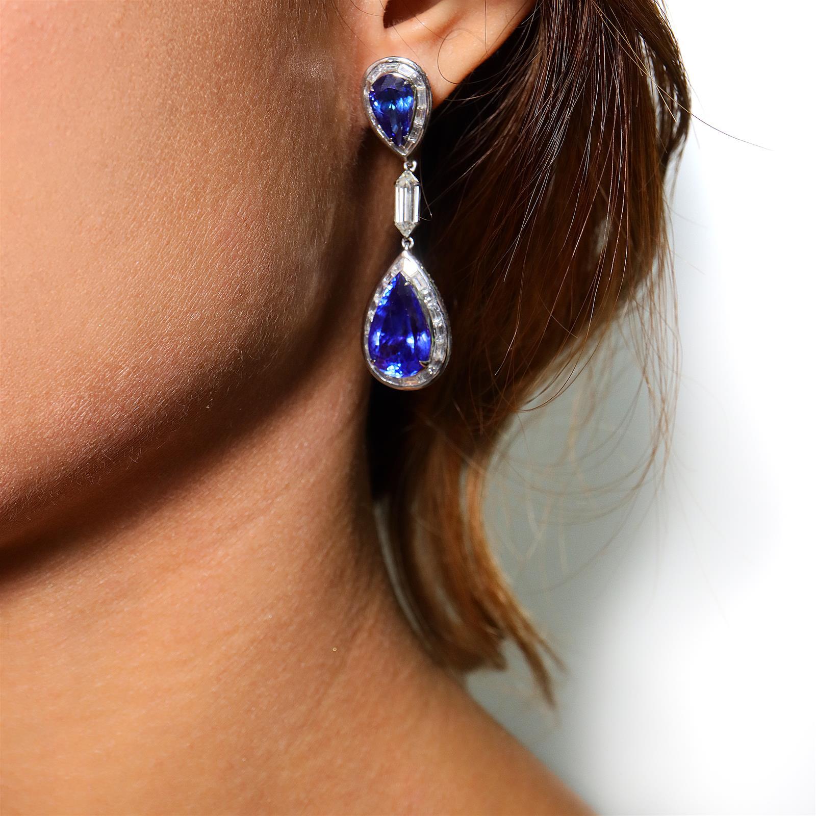 Contemporary Nigaam 6.45 Ct.TW. Diamond and 22.39 Ct. T.W Tanzanite Drop Earrings in 18K Gold