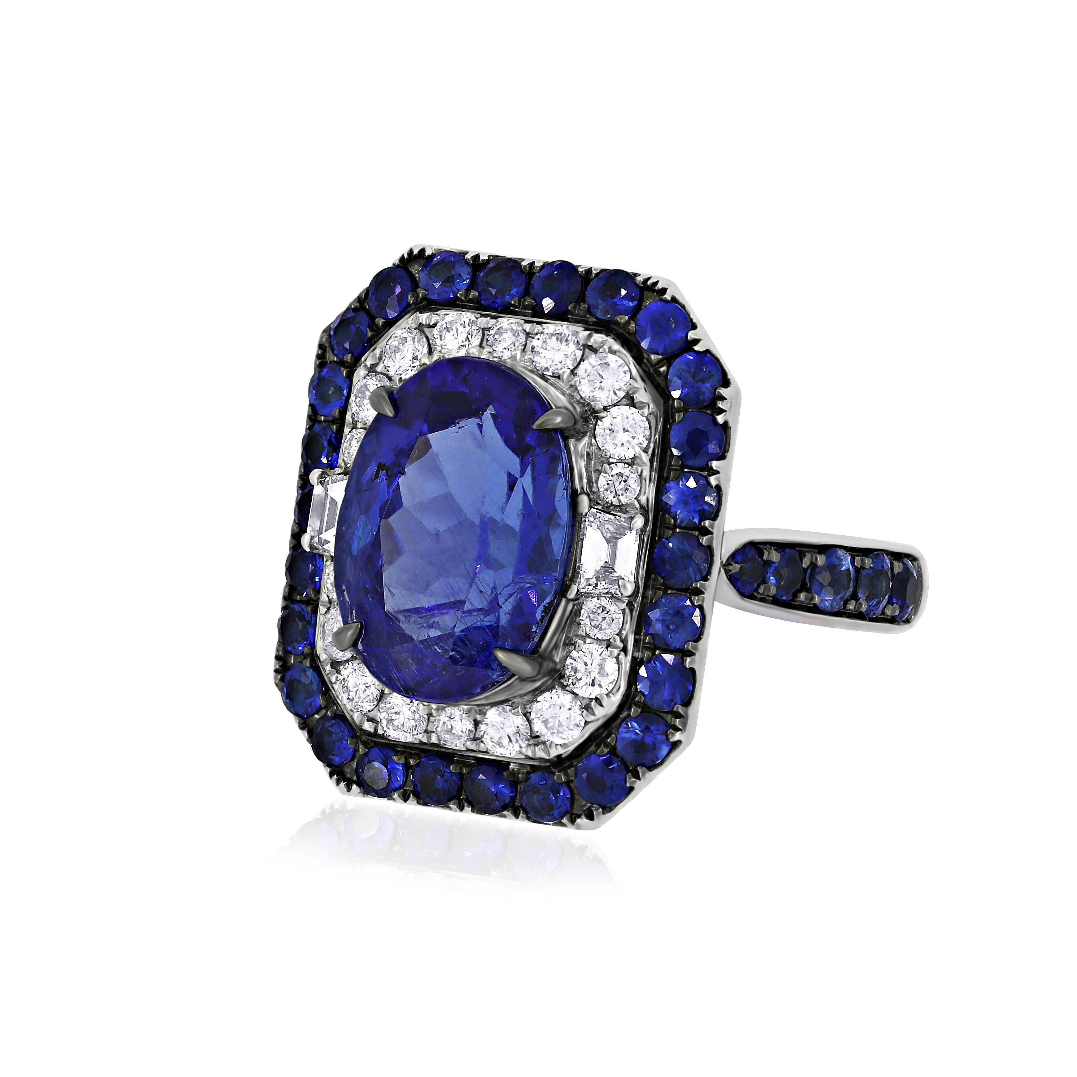 Contemporary Nigaam 7.13 Cttw. Tanzanite, Blue Sapphire and Diamond Engagement Ring 
