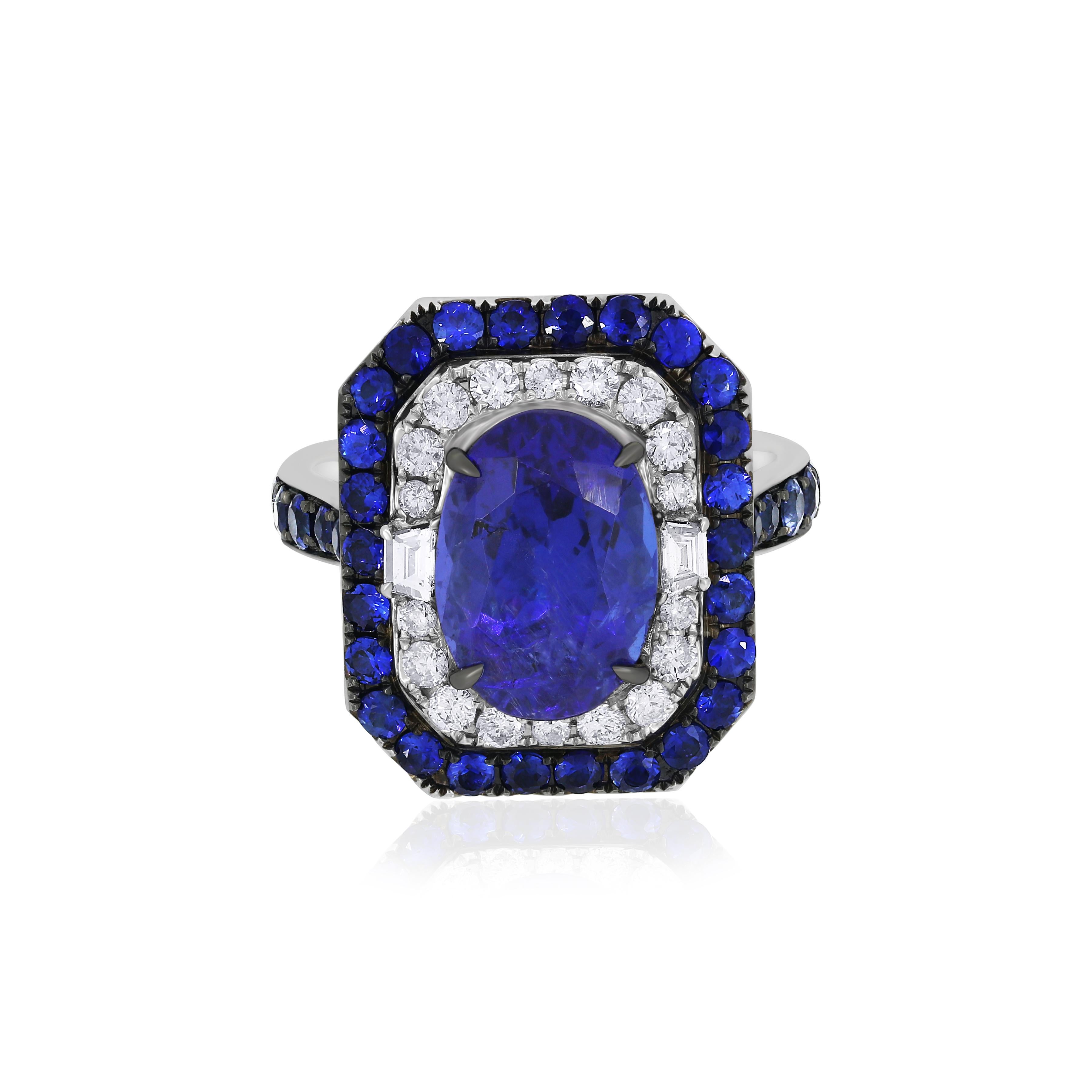 Oval Cut Nigaam 7.13 Cttw. Tanzanite, Blue Sapphire and Diamond Engagement Ring 