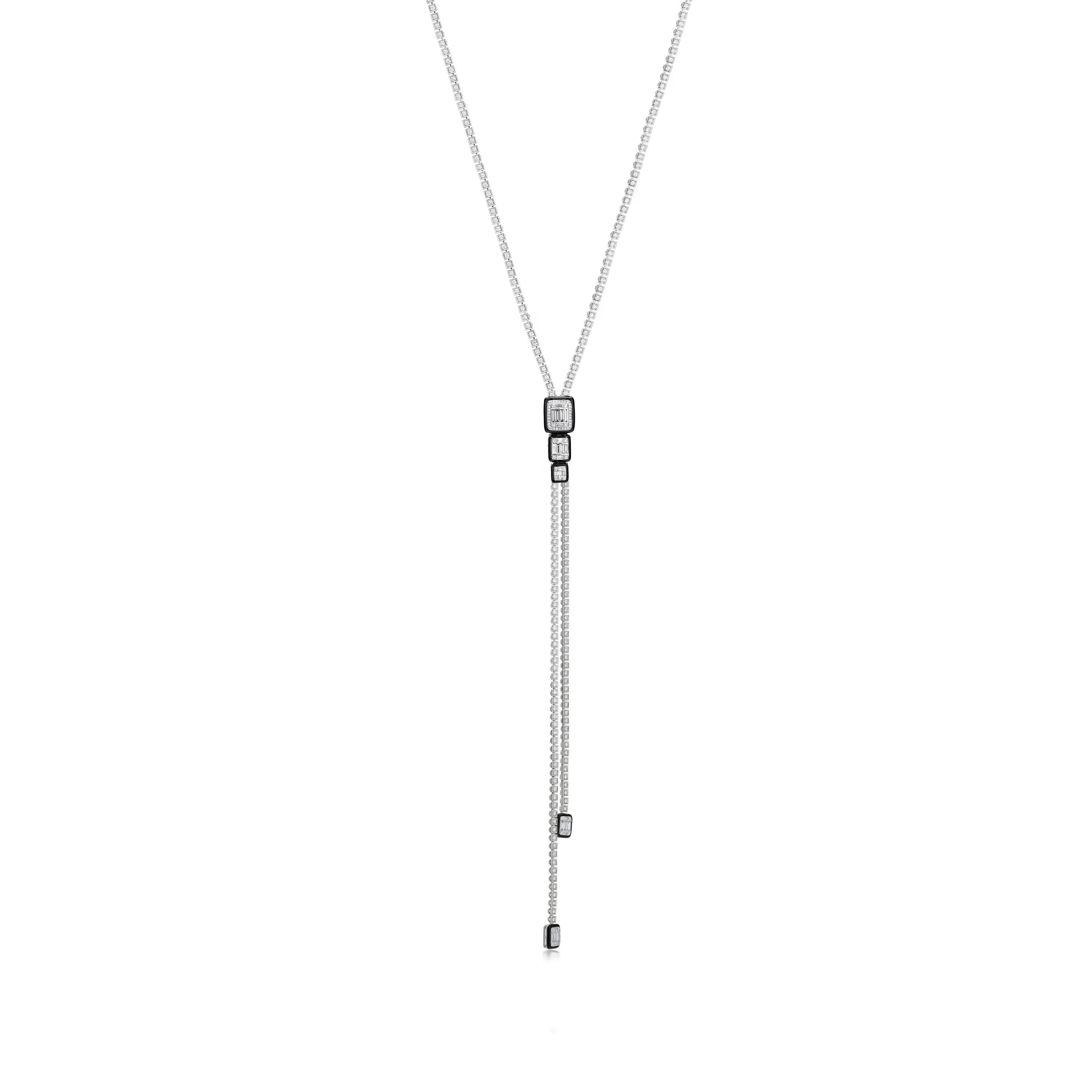 Baguette Cut Nigaam 7.31cttw, Diamond with 0.35cts, Enamel Long Chain Necklace in 18k Gold For Sale