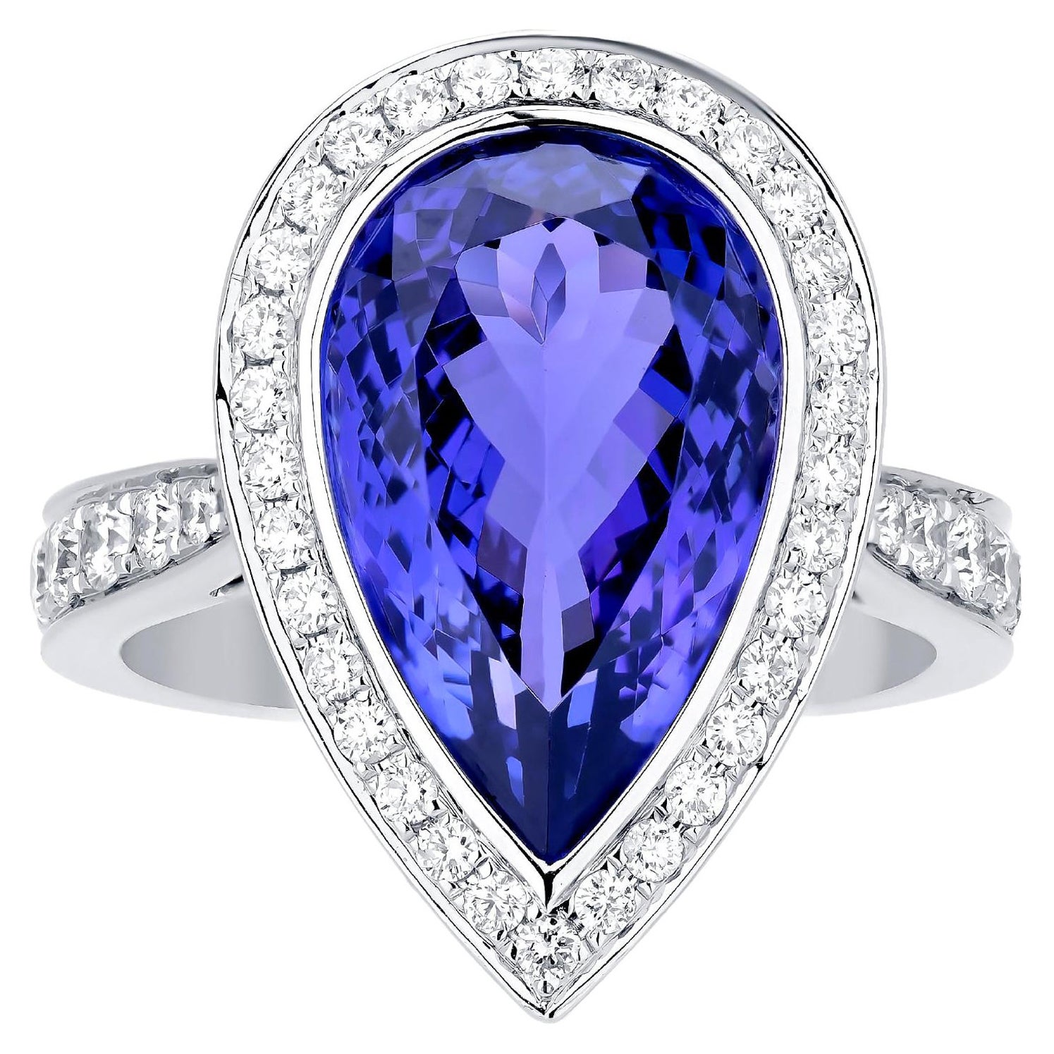 Nigaam 8.29cttw. Pear-Shaped Tanzanite and Diamond Halo Ring in 18k White Gold For Sale