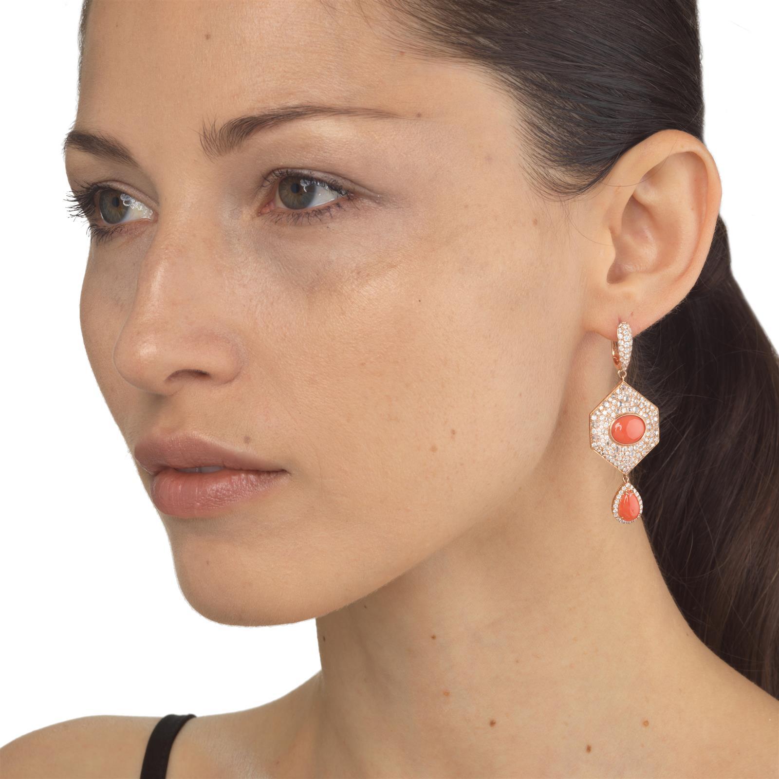 Pear Cut Nigaam 8.66 Cttw, Peach Coral, Red Coral and Diamond Dangle Earrings in 18K Gold