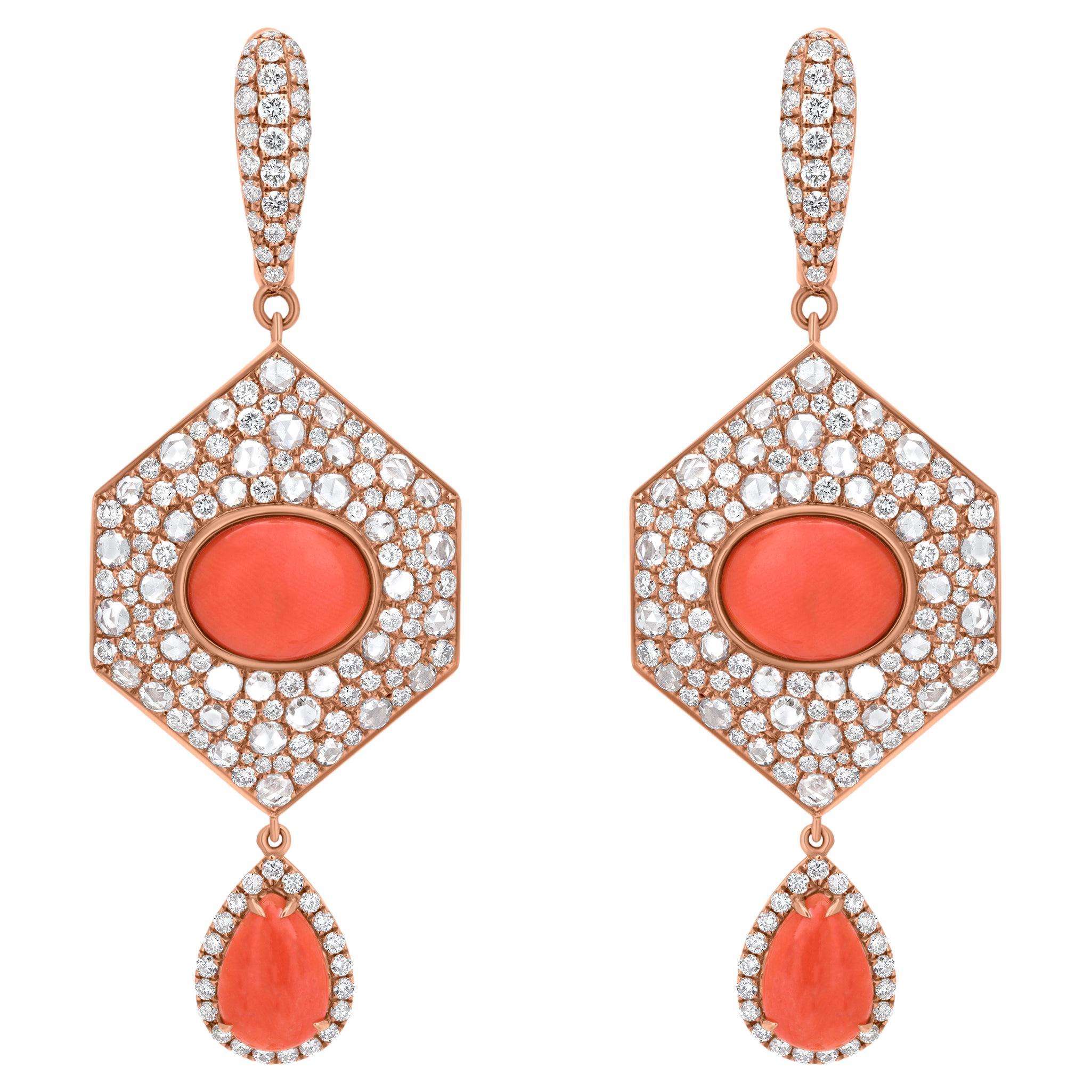 Nigaam 8.66 Cttw, Peach Coral, Red Coral and Diamond Dangle Earrings in 18K Gold