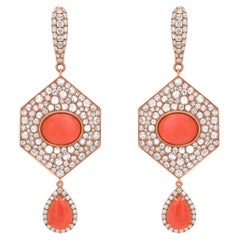 Used Nigaam 8.66 Cttw, Peach Coral, Red Coral and Diamond Dangle Earrings in 18K Gold