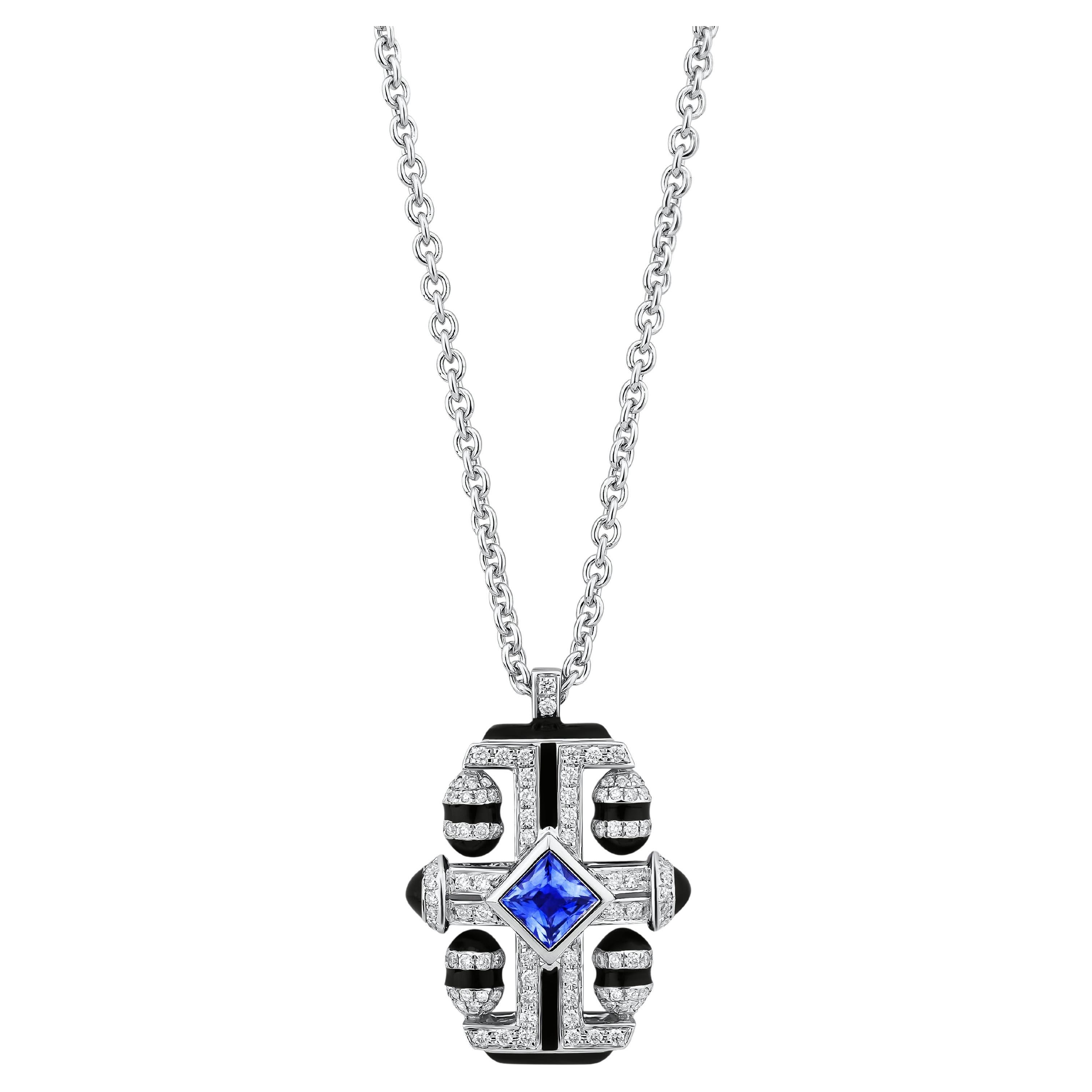Nigaam Art Deco 0.65 Ctw Sapphire/VS Diamond Cross 18" Pendant 18K White Gold