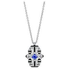 Nigaam Art Deco 0.65 Ctw Sapphire/VS Diamond Cross 18" Pendant 18K White Gold