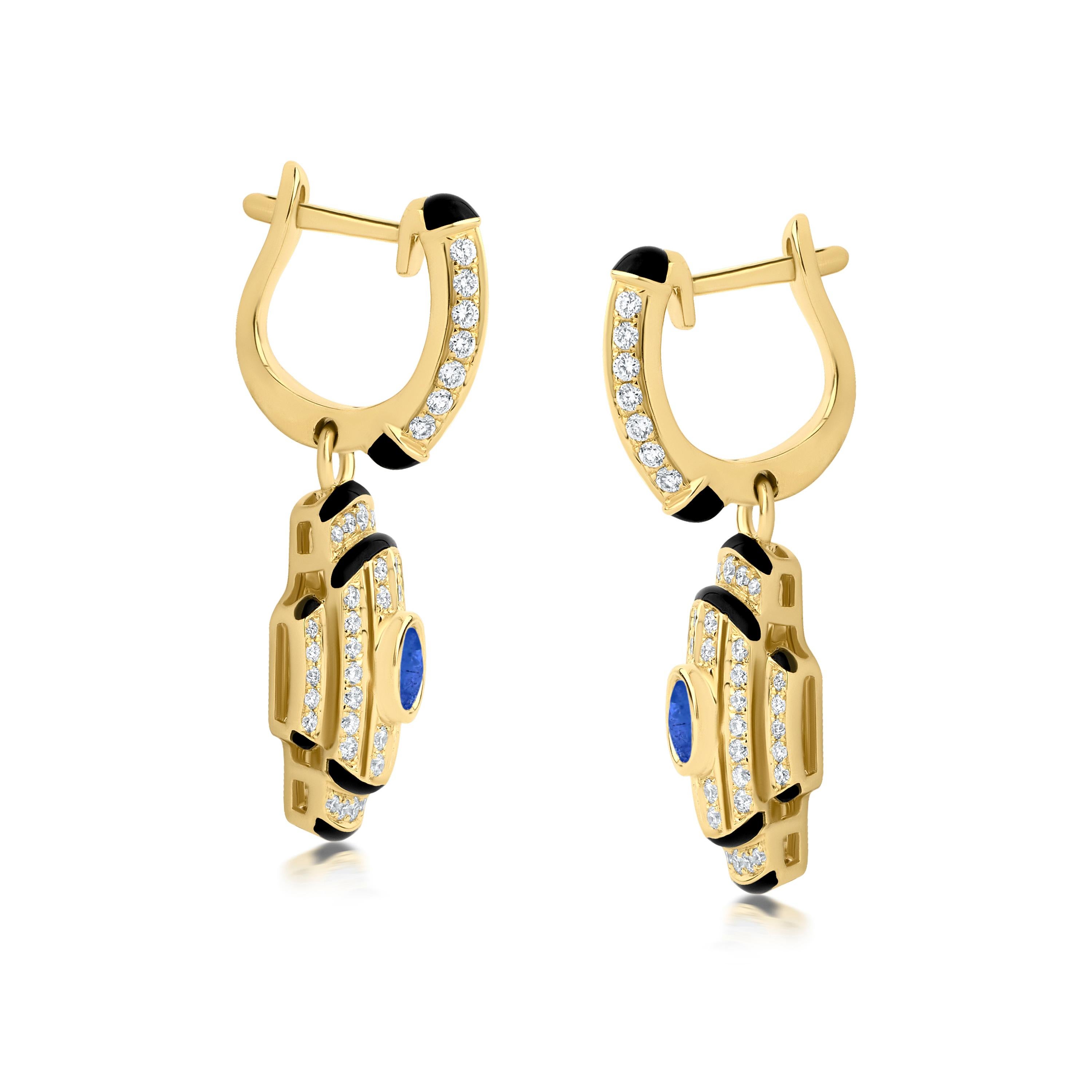Taille ronde Nigaam Art déco 1.06 ct. pt. Boucles d'oreilles pendantes en or jaune 18 carats avec saphirs et diamants en vente