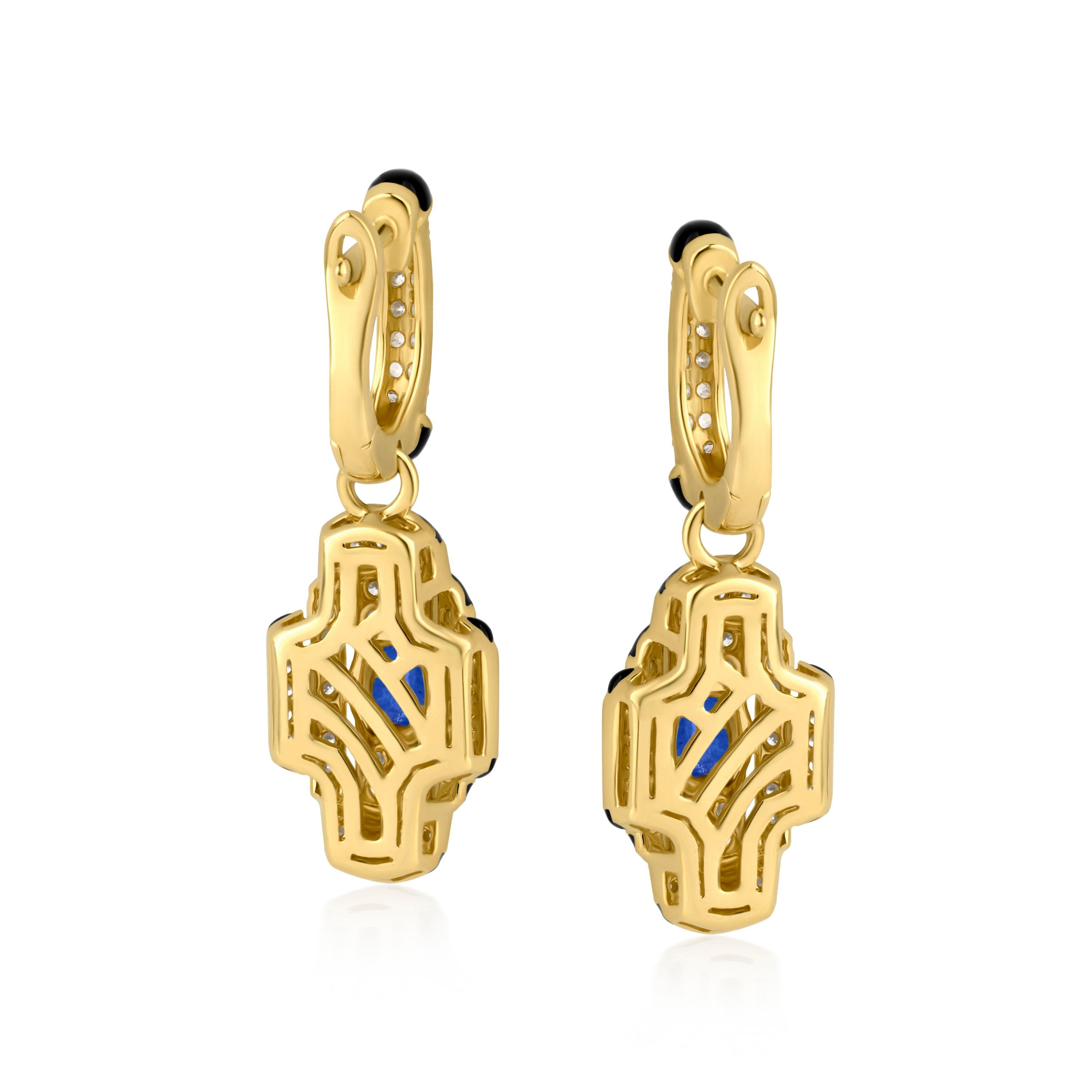 Nigaam Art déco 1.06 ct. pt. Boucles d'oreilles pendantes en or jaune 18 carats avec saphirs et diamants Neuf - En vente à New York, NY