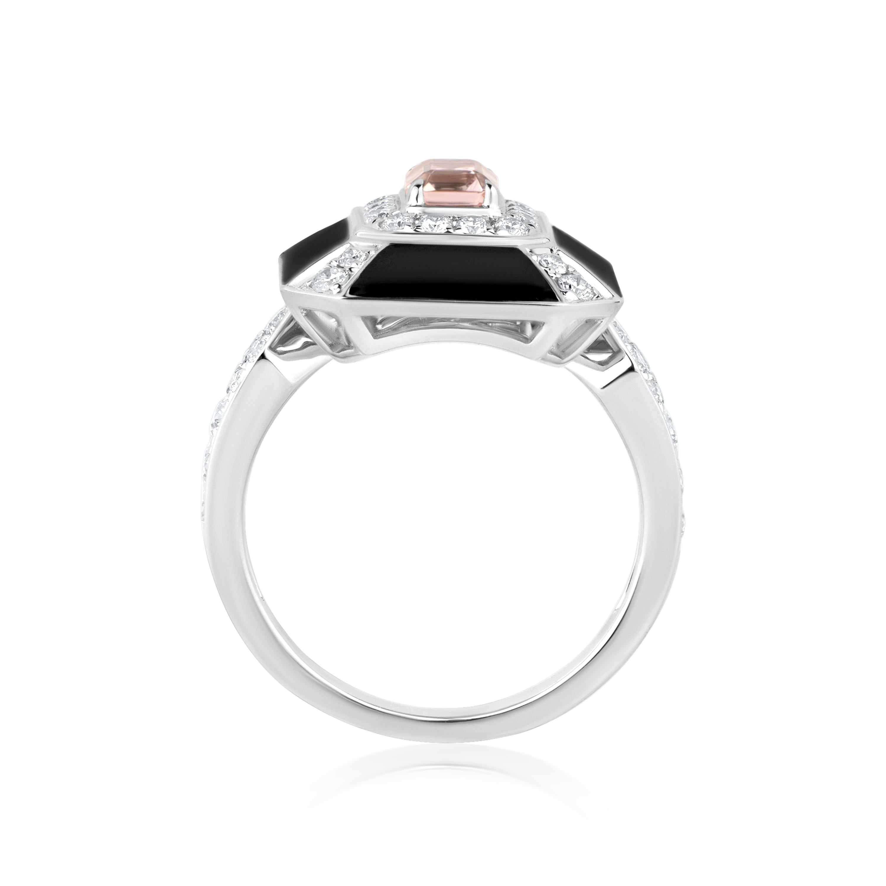 Octagon Cut Nigaam Art Deco 1.25 Ctw. Morganite/VS Diamond Ring Size 7 in 18K White Gold For Sale