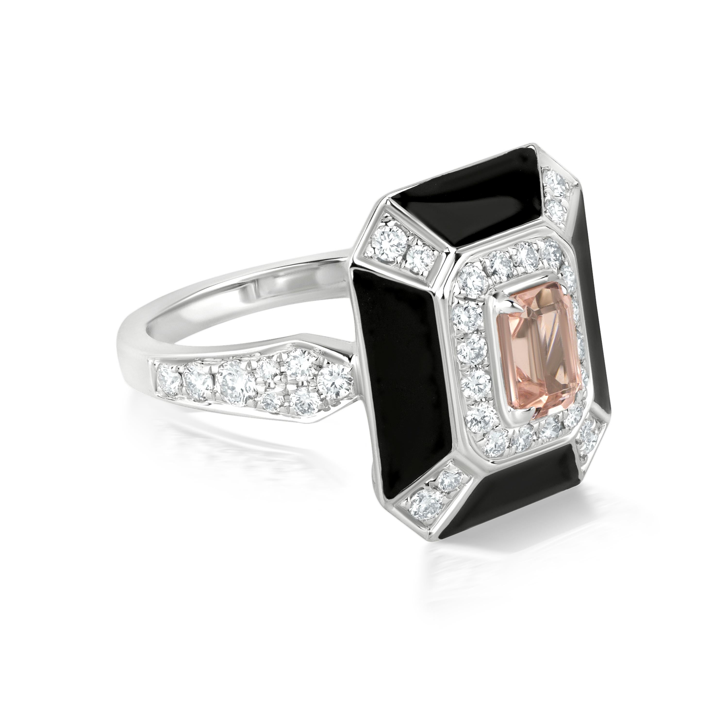 Nigaam Art Deco 1.25 Ctw. Morganite/VS Diamond Ring Size 7 in 18K White Gold In New Condition For Sale In New York, NY