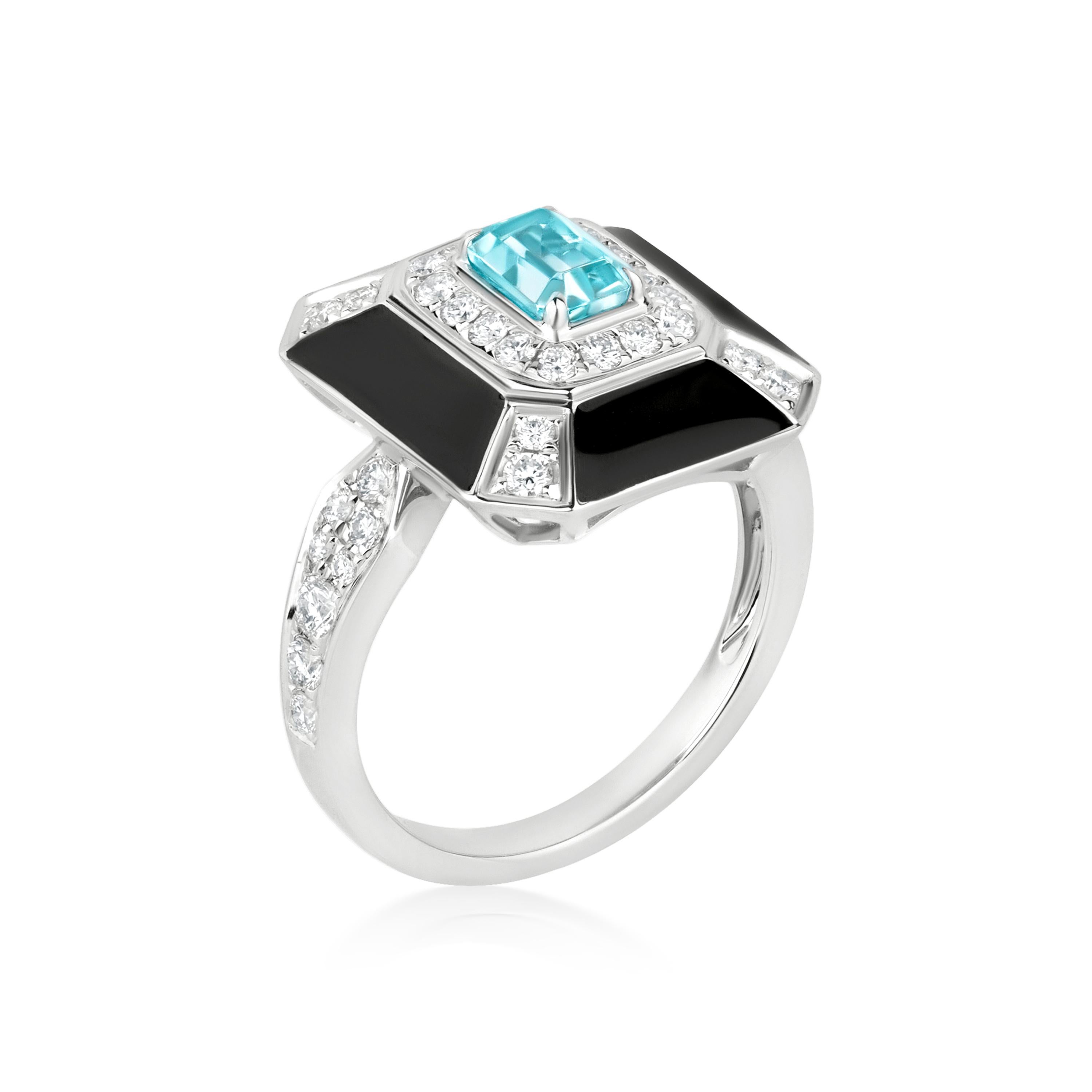 Fangen Sie die Essenz zeitloser Eleganz mit diesem atemberaubenden Ring ein, eine harmonische Mischung aus Art-Déco-Design und moderner Handwerkskunst.  Dieser Ring aus poliertem 18-karätigem Weißgold besticht durch seine achteckige Silhouette, in