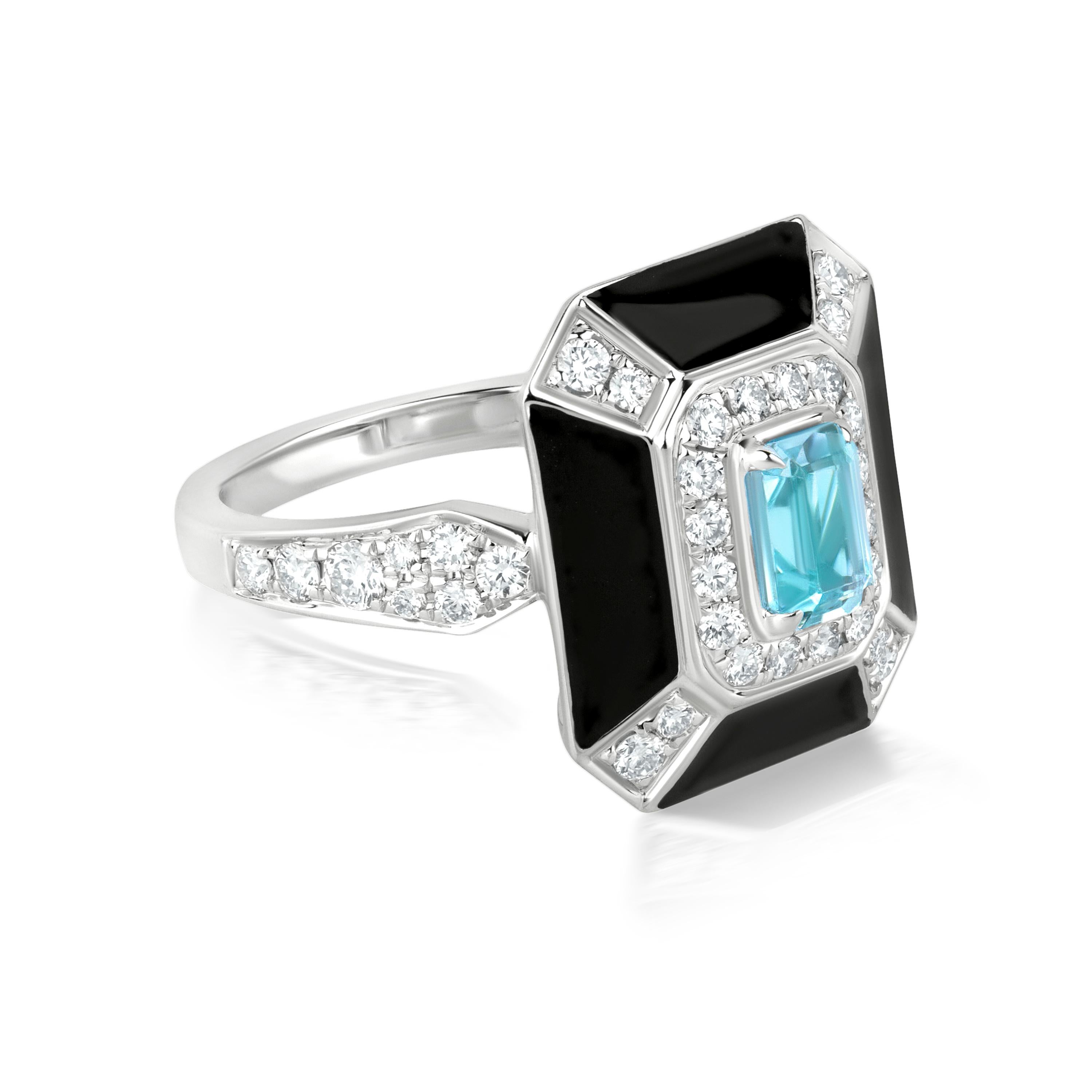 Nigaam Art Deco 1,28 ct. Aquamarin & VS Diamantring Größe 7 in 18 Karat Weißgold mit Aquamarin (Art déco) im Angebot