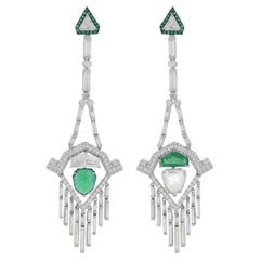 Nigaam GIA 10Cts. Emerald & Diamond Chandelier Dangle Earring in 18k White Gold