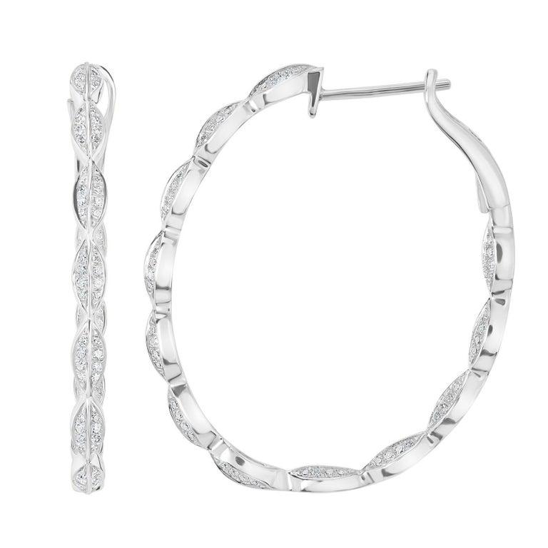 Round Cut Nigam 0.55 Cttw Leaf Natural Diamond Hoop Earrings in 14K White Gold For Sale