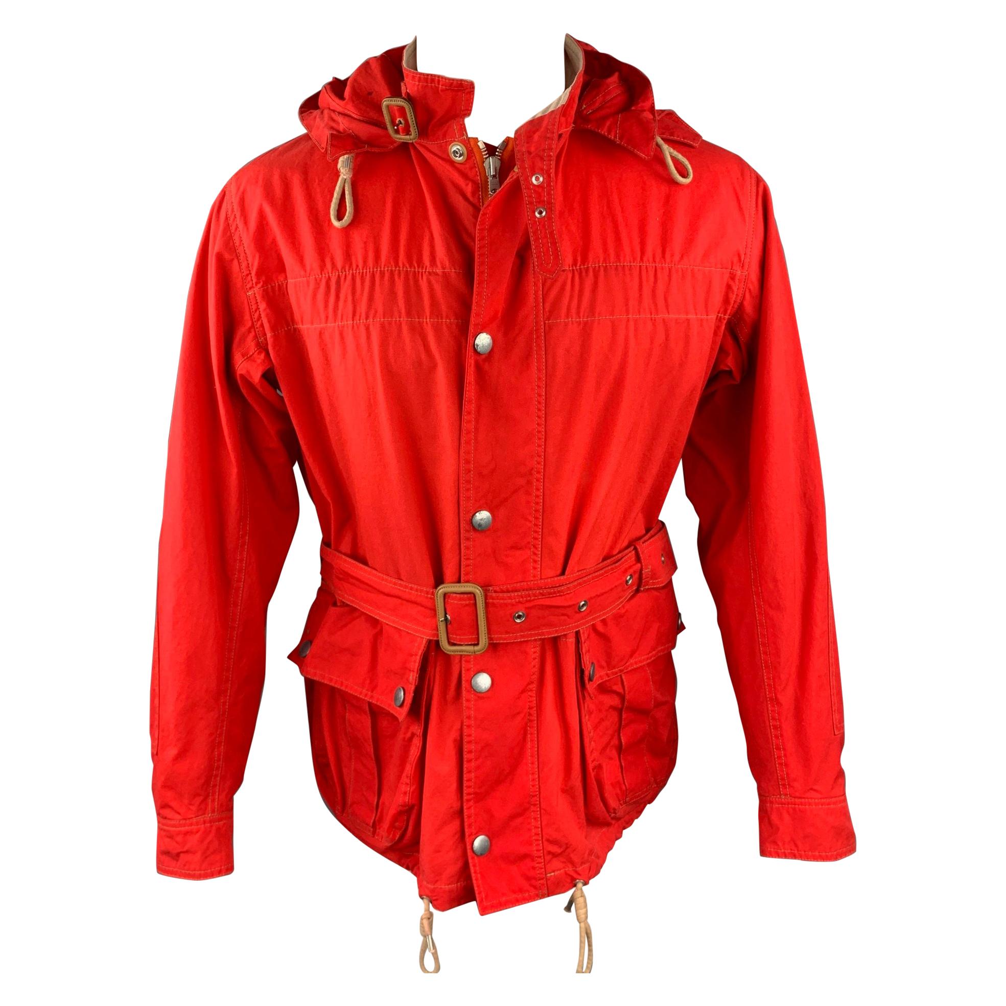 NIGEL CABOURN Size 42 Red Waxed Cotton Zip & Snaps Belted Hooded Jacket