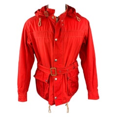 Used NIGEL CABOURN Size 42 Red Waxed Cotton Zip & Snaps Belted Hooded Jacket