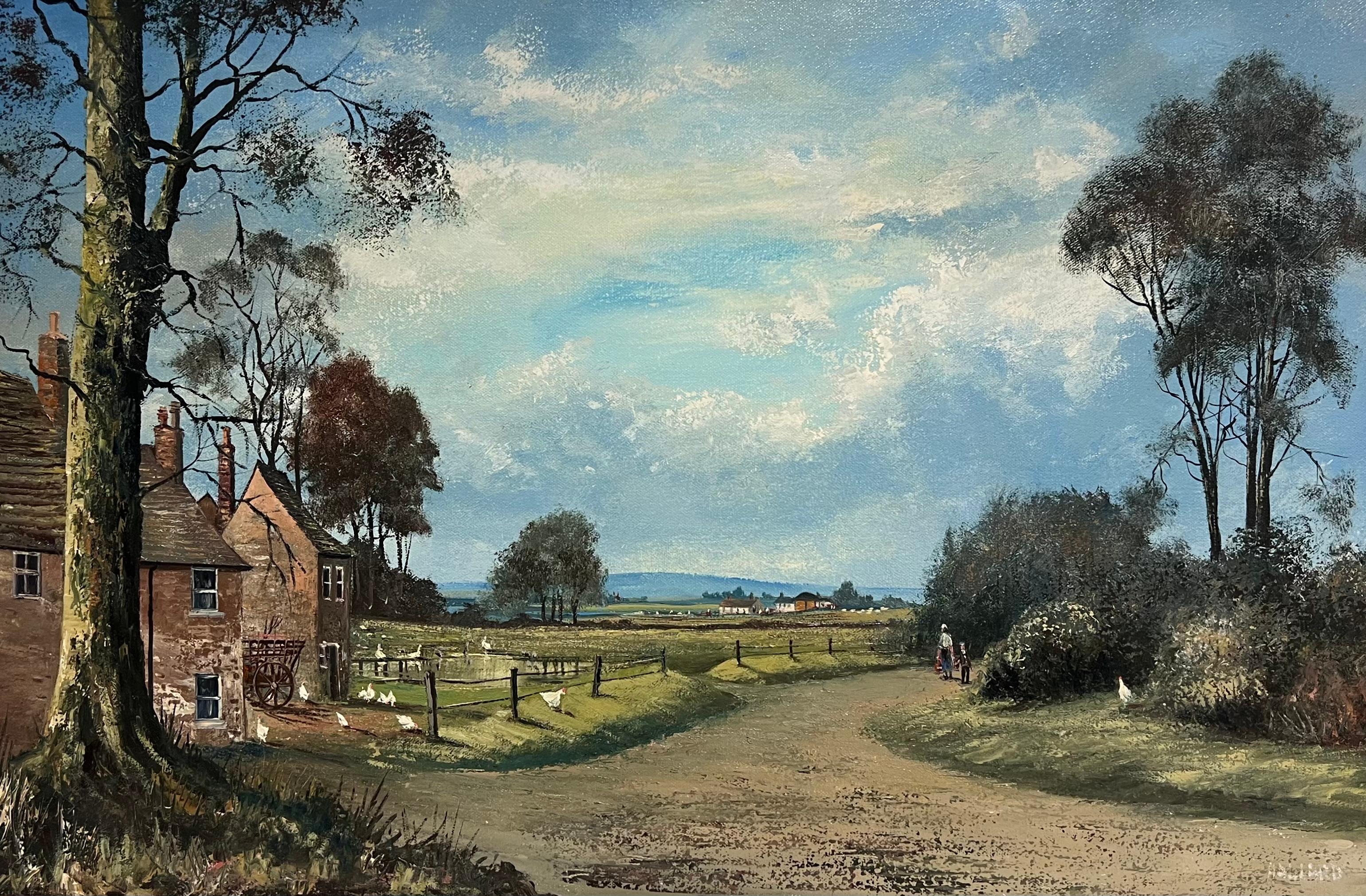 Großes traditionelles englisches Öl Bauernhof-Landschaft mit Hühnern Haus & Figuren im Angebot 8