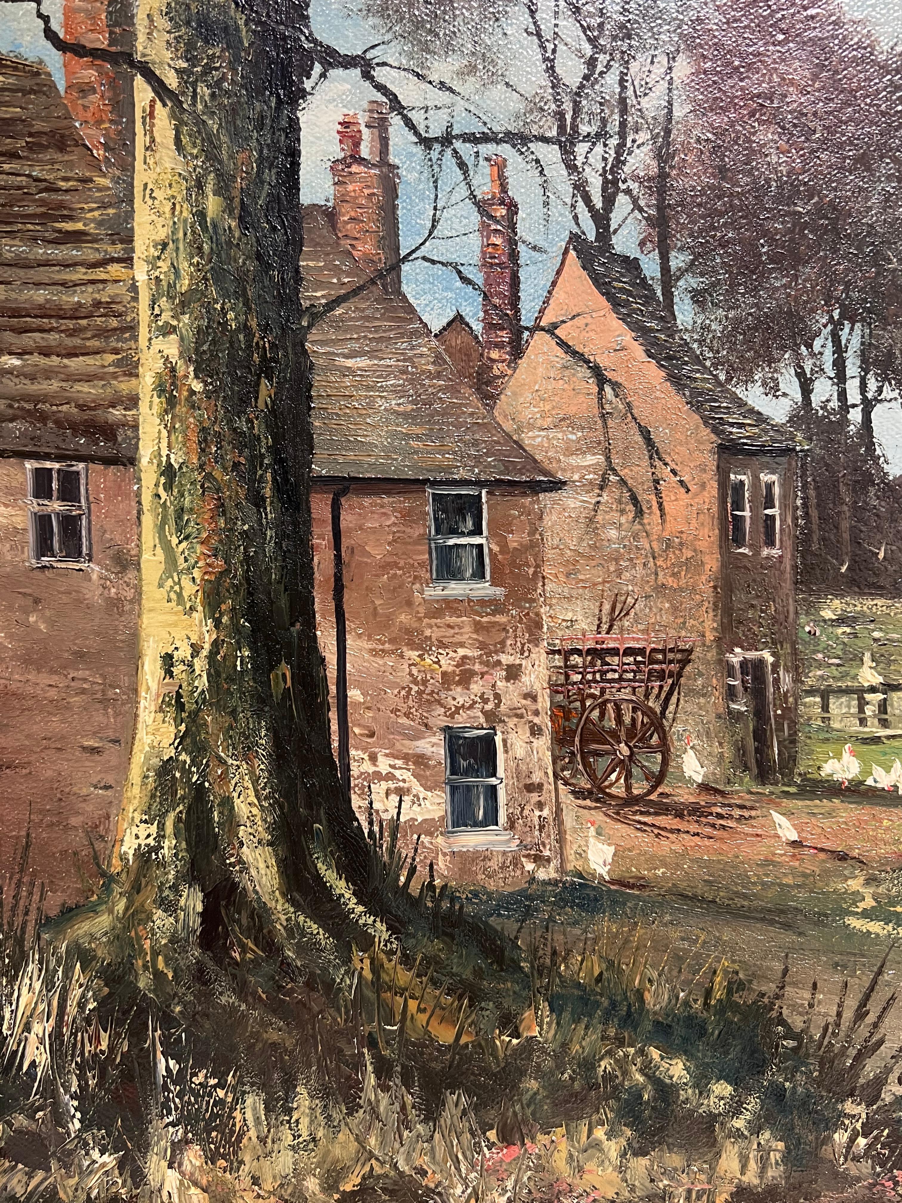 Großes traditionelles englisches Öl Bauernhof-Landschaft mit Hühnern Haus & Figuren (Viktorianisch), Painting, von Nigel Hallard (1936-2020)