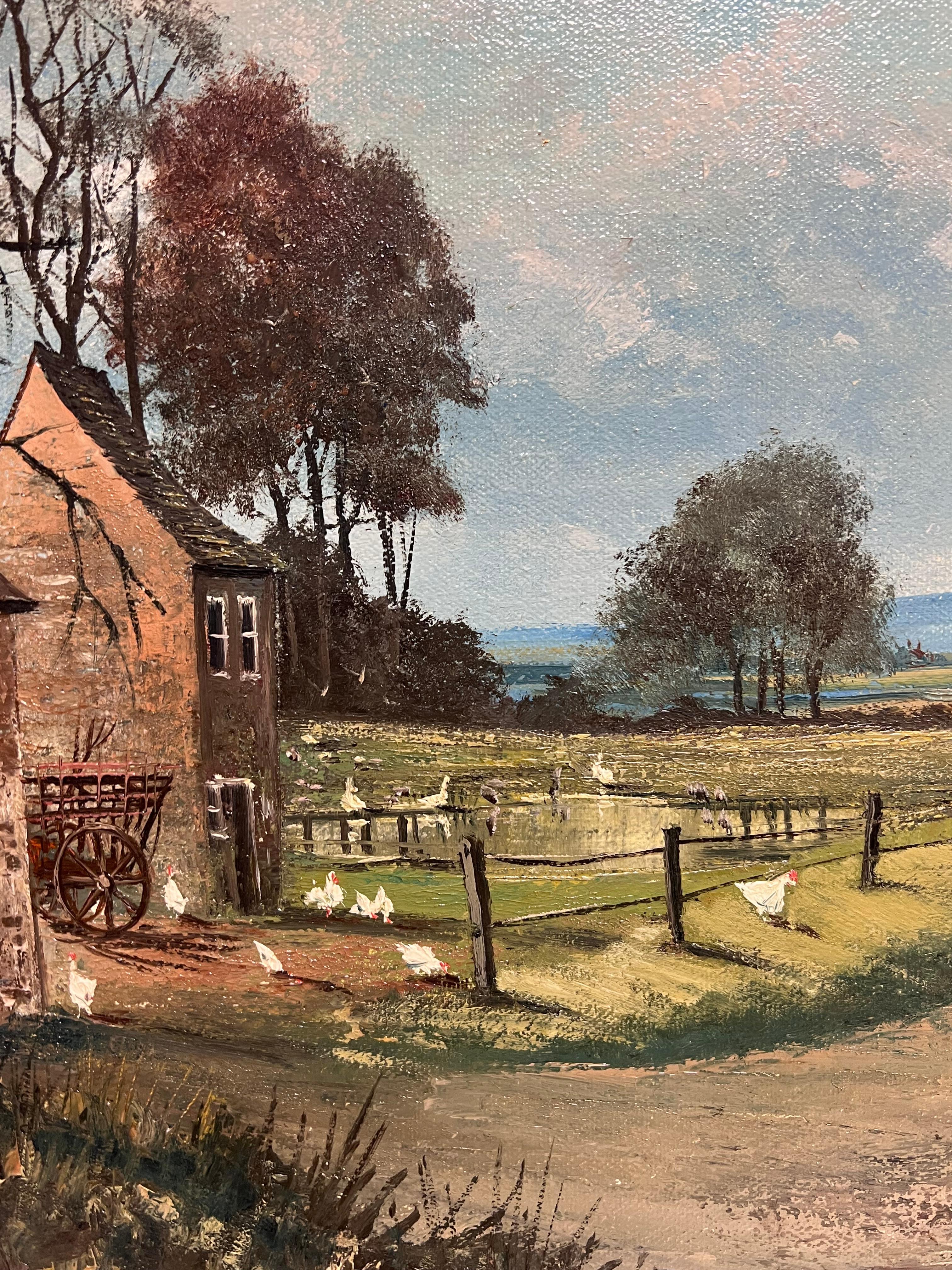 Großes traditionelles englisches Öl Bauernhof-Landschaft mit Hühnern Haus & Figuren (Braun), Landscape Painting, von Nigel Hallard (1936-2020)