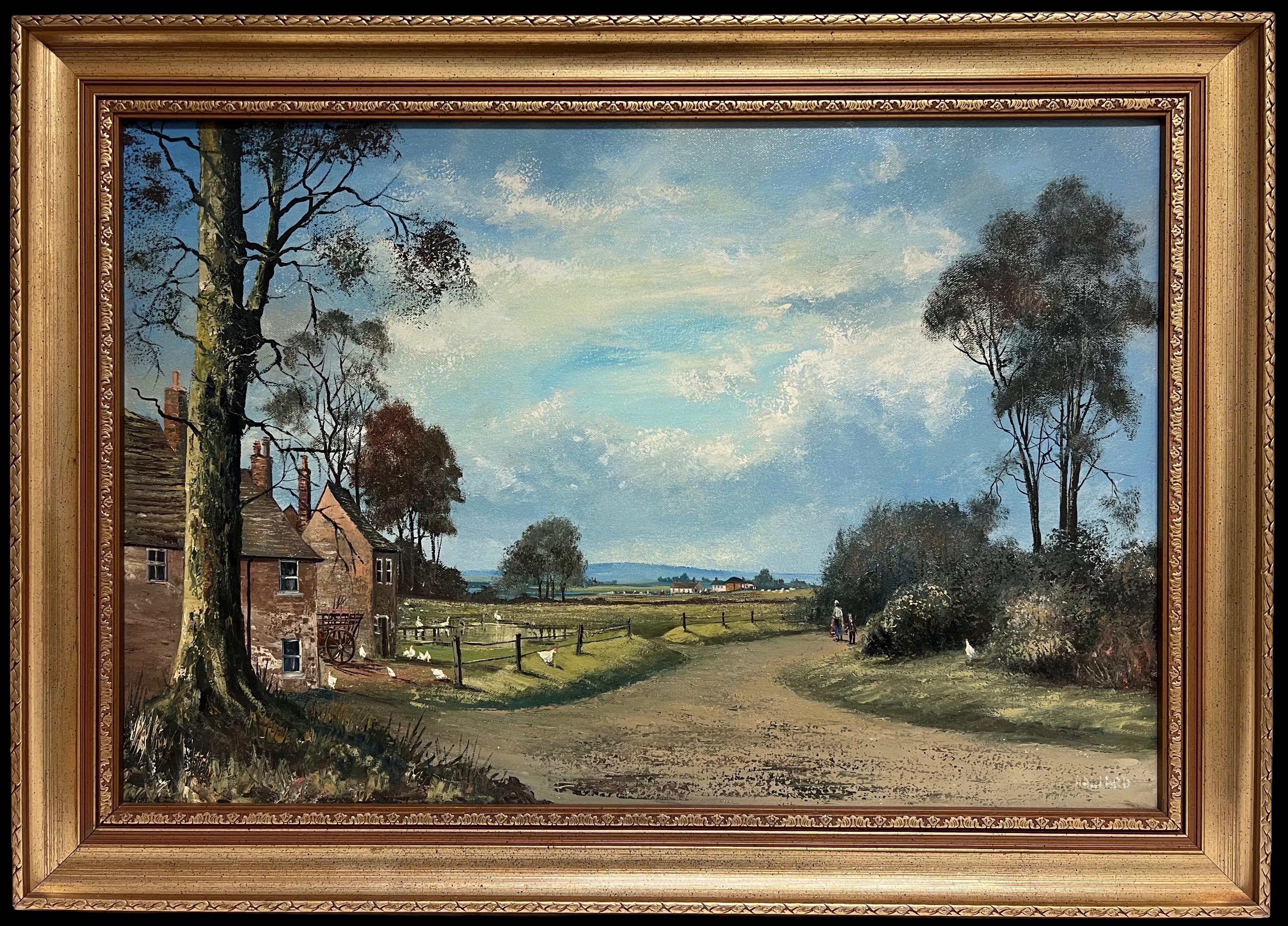 Nigel Hallard (1936-2020) Landscape Painting – Großes traditionelles englisches Öl Bauernhof-Landschaft mit Hühnern Haus & Figuren