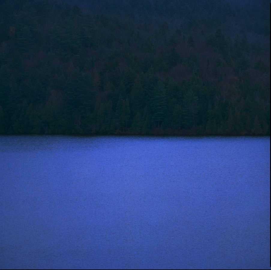Color Photograph di Nigel Parry - Placid Evening - stampa di un paesaggio blu con una foresta sul retro
