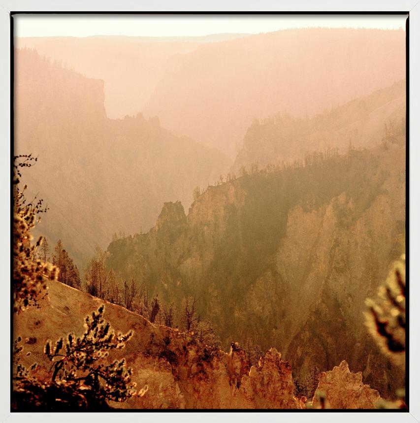 Yellowstone 28 - Berge und Bäume im orangefarbenen Nebel, Kunstfotografie, 2022 im Angebot 2