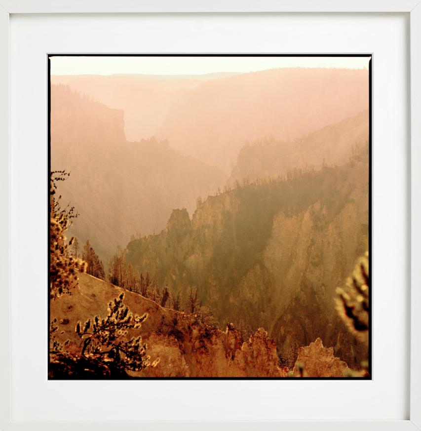 Yellowstone 28 - Berge und Bäume im orangefarbenen Nebel, Kunstfotografie, 2022 im Angebot 3