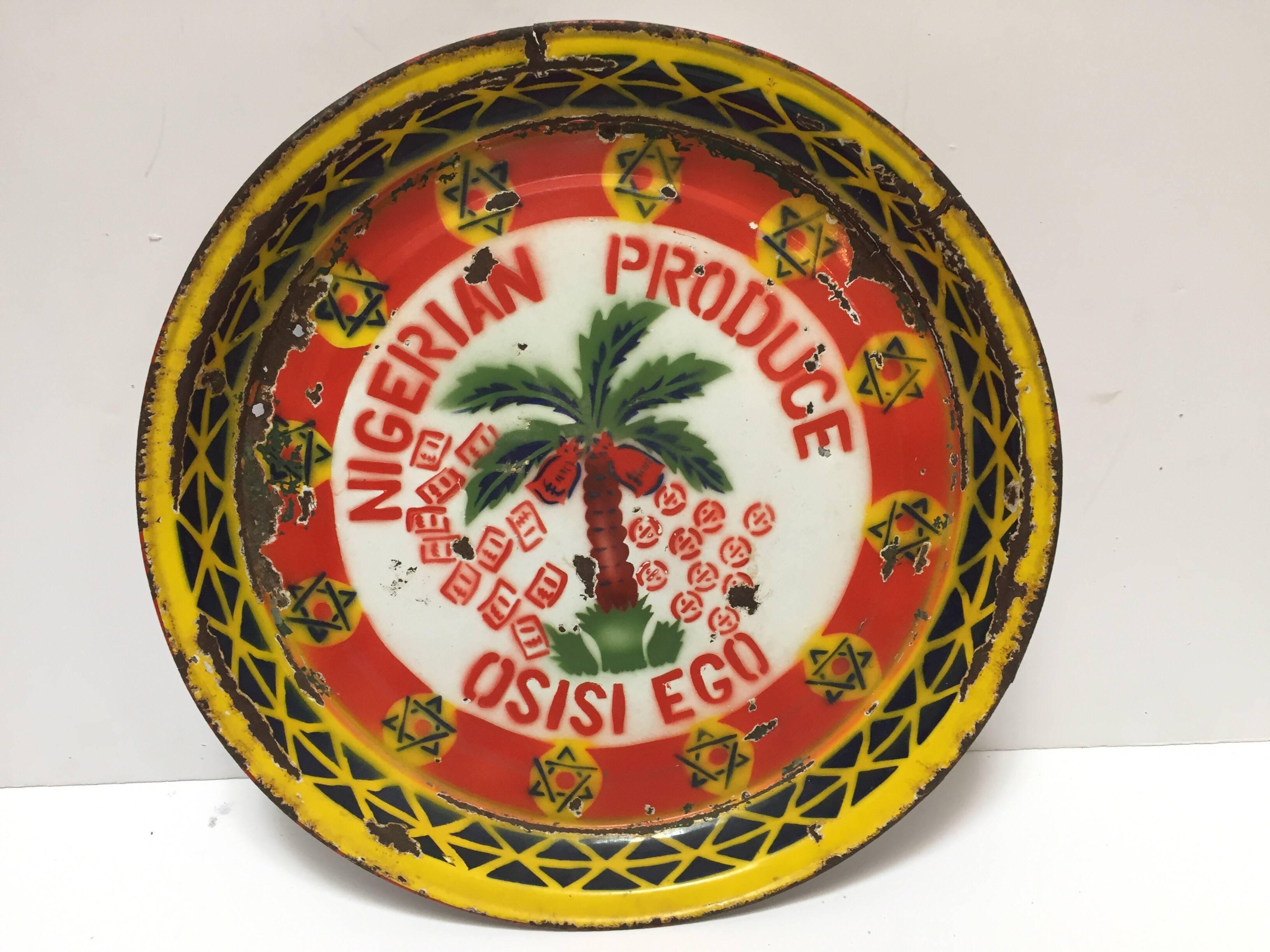 Nigerian Vintage Metal Folk Art Advertising Platter Plaque 1