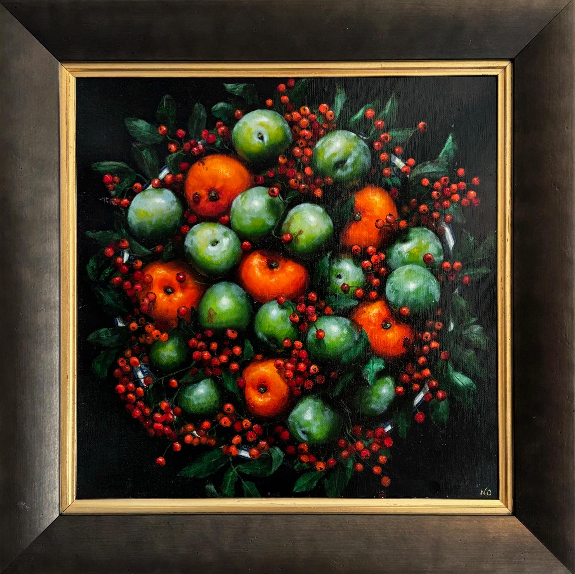 Interior Painting di Niggy Dowler - 3 Coccinelle  - pittura originale realistica di natura morta con frutta - arte contemporanea