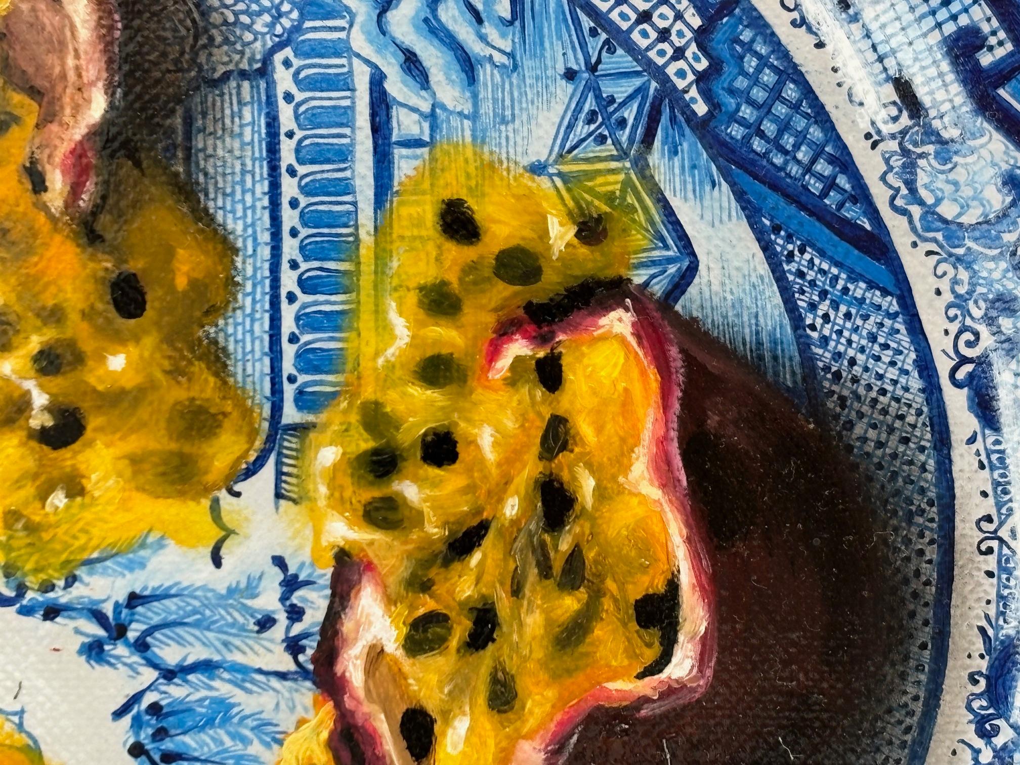 3 Frutti della passione  - pittura originale realistica di natura morta con frutta - arte contemporanea - Still-Life Painting Nero di Niggy Dowler