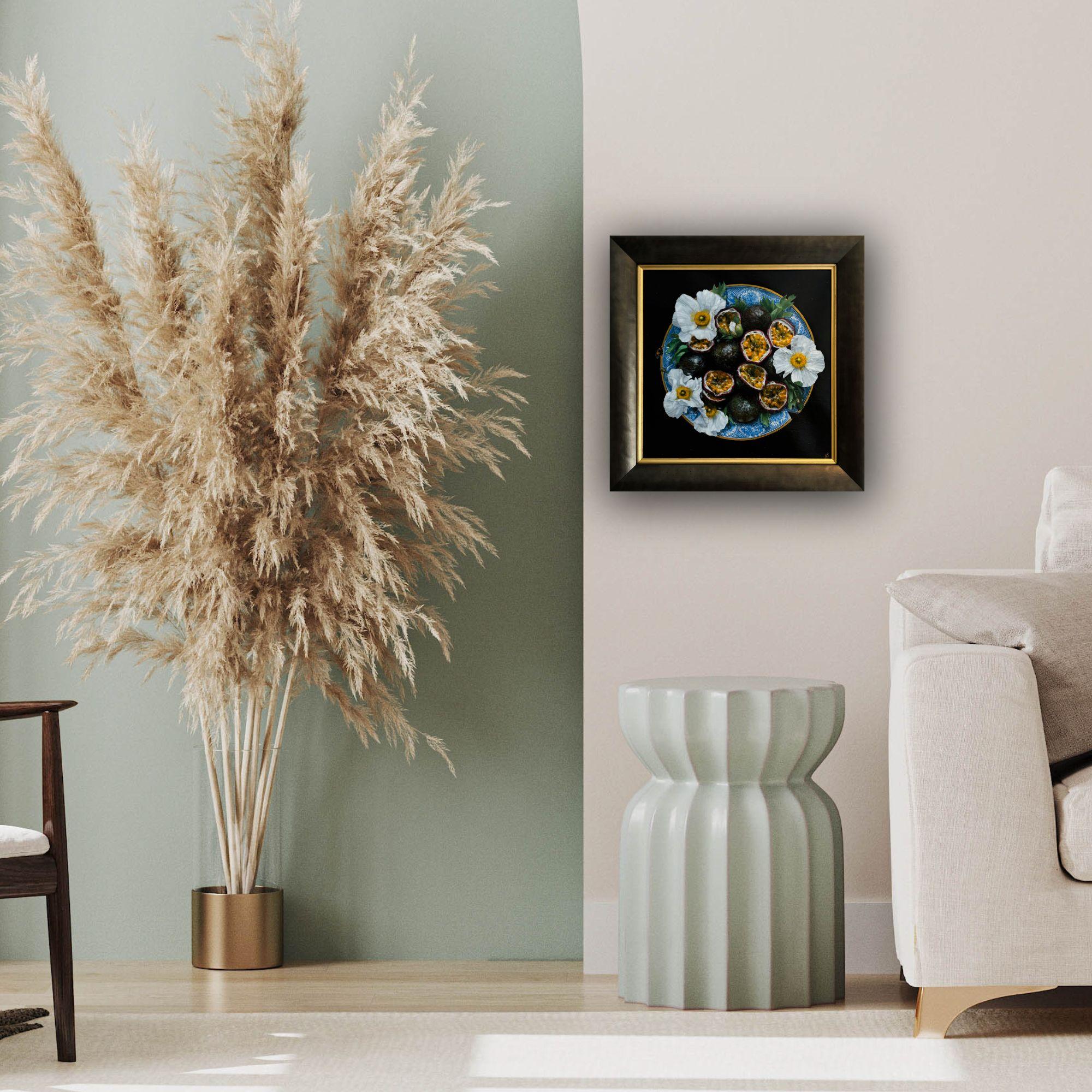 This exceptional artwork is currently on display and available for sale at Signet Contemporary Art Gallery and online.

A striking fusion of delicacy and opulence, Ornamental Poppies and Passion Fruits presents a mesmerizing balance between floral